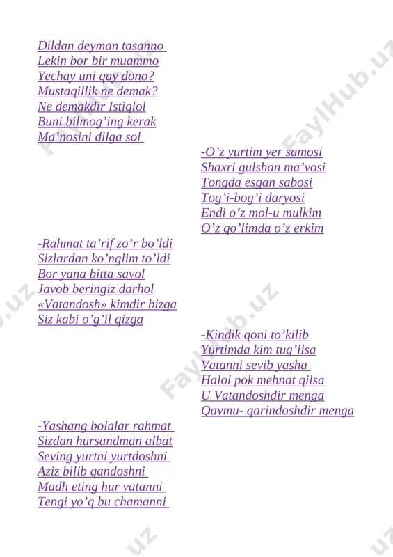 r bolalar dunyosini kashf etishga intiladi. shuningdek, do‘stlik, tinchlik, o‘zaro birdamlik, ona vatanni sevish, uni ardoqlash sari da’vat etadi. uning she’rlaridagi bolalarcha samimiylik, beg‘uborlik va to‘g‘rilik shoir asarlarining o‘qishli, qiziqarli bo‘lishini ta’minlaydi. u 1968 yil og‘ir betoblikdan so‘ng 43 yoshida vafot etgan. ayamajiz. (qudrat hikmat) biyday cho’l – u dalalar, bo’ralar qor kapalak. bog’lar sokin, mizg’ishar misoli oq kapalak, muz oynalar sovuq yeb, anhorchada qirsillar. tarnovlarda sumalak shodalarichirssillar. saxiy ona tabiat quchog’ida havo sol onda – sonda ko’rinar nursiz, qizg’ish oftob, ayamajiz izg’iydi ko’chalarda tutaqib. shox – shabbani tortqilar yalmog’izdek yutoqib… ko’k maysalar nish urib, yerning baland – pastida, go’zalbahor serkillab yetilar yer ostida. she’rni o’qib mazmunini tushuintirib beraman darslik bilan ishlash: she’rni ifodali o‘qish musobaqasi o‘tkaziladi. darslikda berilgan savollarga javob beriladi. – siz yana qanday qish haqidagi qo‘shiqlarini bilasiz? o‘quvchilar javobi tinglanib, to‘ldiriladi va tarbiyaviy xulosa chiqariladi. lug’at ishi: ayamajiz-izg’irin sovuq; biyday-kimsasiz mizg’ib-uyqusirab [image: image14.jpg] dam olish daqiqasi: qatorlar …