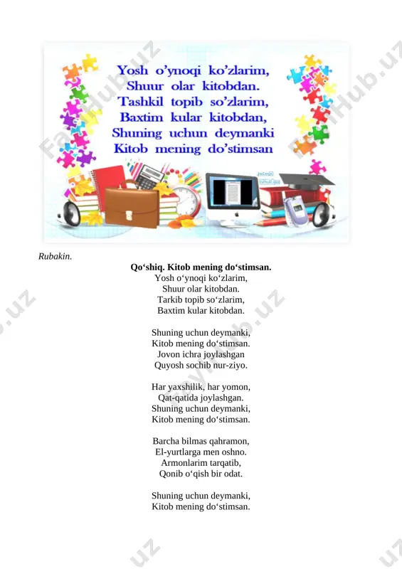 ilan bugungi “kitob — mening do‘stimsan” mavzusidagi tadbirimiz o‘z nihoyasiga yetdi. barchangizni kutubxonamizning faol kitobxonlari bo‘lib qolasiz, deb umid qilamiz. [image: ] image5.png image6.png image7.png image8.png image9.png image10.png image11.png image12.jpeg image1.png image2.png image3.png image4.png