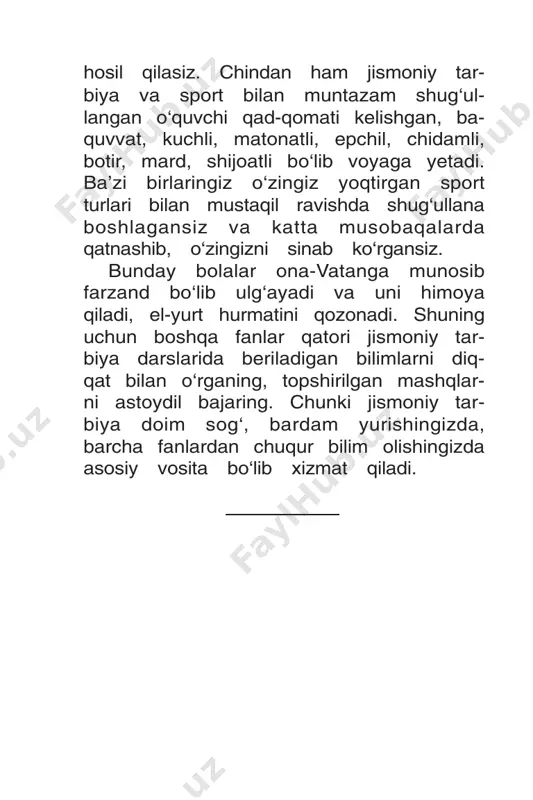 tabrda yangi tahrirdagi «jis- moniy tarbiya va sport to‘g‘risida» qonun qabul qildi. qonun yurtimizda jismoniy tarbiya, sog‘lomlashtirish va sport ishini yuksaltirishning huquqiy kafolatini yuzaga keltirdi. yurtboshimizning «sog‘lom avlod uchun» ordeni va shu nomdagi jamg‘armani ta’sis etish, sport bo‘yicha maxsus unvonlarni joriy qilish to‘g‘risidagi qaror-farmonlarga imzo chekishi jismoniy tarbiya va sportni rivojlantirishda muhim o‘rin tutmoqda. shu- ningdek, «sog‘lom avlod uchun» jurnali- ning tashkil etilishini bu sohada qo‘yilgan salmoqli qadam deyish mumkin. chunki jurnalning asosiy maqsadi ma’naviy va jis- moniy barkamol avlodni tarbiyalash hamda davlat ahamiyatiga molik vazifani amalga oshirishda keng ommani yanada ko‘proq jalb qilishga qaratilgandir. axir har bir oqil bolaning muqaddas burchi va vazifasi yaratilgan qulay shart- sharoitlardan unumli foydalanib, ham jis- moniy, ham ma’naviy jihatdan mukammal kamol topishdan, vatanga sadoqatli kishilar bo‘lib voyaga yetishidan iboratdir. 10 allomalarning salomatlik haqidagi fikrlari jahonga mashhur olim, tabobat ilmining buyuk namoyandalaridan biri abu ali ibn sino o‘z davrida badantarbiya bilan (jis- moniy mashqlar) …