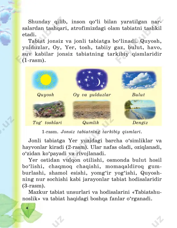 liklar. yerosti suvlari yerning shimoliy va janubiy qutblar atroflari eng sovuq joylardir (9-a, b rasm). bu qutbning atrofini qoplagan muzliklar yozda ham erimaydi. baland tog‘larning yuqori qismidagi qor va muzlar ham yozda erimaydi (9-d rasm). 10 9-rasm. doimiy muzliklar egallagan joylar. b da yomg‘ir va qor suvlari hisobiga dala va bog‘lar sug‘oriladi. suvlarning bir qismi yerostiga singib ketadi. bu suvlar yerosti suvlarini hosil qiladi. ayrim joylarda yerostidagi suvlar buloq bo‘lib, oqib chiqadi. yog‘in kam yog‘adigan, daryo suvlari bormagan joylarda yerosti suvlari quvurlar orqali tortib chiqariladi. ba’zi joylarda chuqur quduq qazib ham yerosti suvlaridan foydalaniladi. tayanch so‘zlar: globus, okean, dengiz, yerusti suvlari, daryo, ko‘l, yerosti suvlari, buloq, quduq. savollar 1. okean va dengiz bir-biridan qanday farq qiladi? ularni globusdan ko‘rsating. 2. okean va dengiz suvlarini nima uchun ichib bo‘lmaydi? 3. o‘lkamizda qanday yirik daryo va ko‘llar mavjud? 4. muzliklar qayerda bo‘ladi? 5. yerosti suvlari haqida nimalarni bilasiz? 11 suv – hayot …
