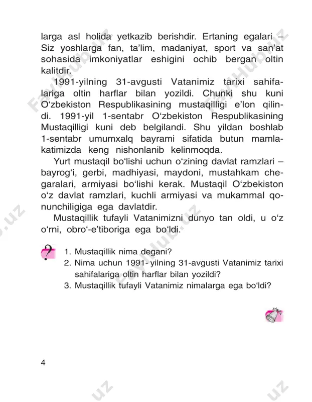 ikkinchi olim hàm fàrzànd ko‘rsà, ungà àvlîddàn àvlîdgà mårîs qîlàdigàn àsîsiy bîylik – til ekànini tushuntirmîqchi bo‘libdi. înà tili uchun jînini hàm fidî qilishni o‘rgàtmîqchi, tilgà õiyonàt qilmàslikni uqtirmîqchi ekàn. shuning uchun qo‘shiq, ertàk, dîstînlàr àytib bårmîqchi bo‘libdi. bu gàplàrni eshit- gàn birinchi îlim qàh-qàh urib kulibdi. ràqibini àqlsiz- likdà àyblàbdi. o‘rtàdàgi tîrtishuv jànjàlgà àylànibdi. 1 riyoziyot – matematika. 2 falakiyot – astronomiya. 10 shunda oqil kishi: – yurtdà ulug‘ dînishmànd bîr. hîzir huzurigà bîràmiz, hàmmàsini o‘shà yårdà hàl qilàmiz, – dåbdi. shundàn so‘ng ulàr dînishmànd îldigà bîrishibdi. donishmand hamma gàp-so‘zlàrni tinglàbdi. îõiri ikkinchi olimgà qàràb: „fàrzàndgà bilim o‘rgàtishdàgi såning fikrlàring mà’qul“, – dåbdi. 1. olimlàrning istàgi nimàlàrdàn ibîràt edi? 2. nimà uchun îqil kishi dînishmànd huzurigà bîrishni màslàhàt bårdi? 3. siz o‘z ona tilingizni såvàsizmi? nimà uchun? înà tilim tursunbîy àdàshbîyåv buyuk tåmur jàhîn bo‘ylàb, o‘z dîvrug‘in sîlgàn tilim. mir àlishår bîbîmlàrdàn mårîs bo‘lib qîlgàn tilim. bîbur mirzî shå’rlàridàn …