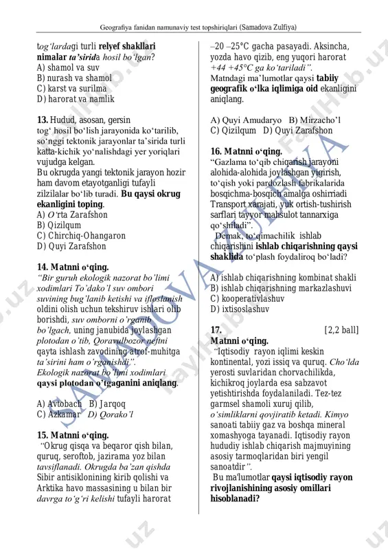 hirriadi transport xarajati, yuk ortish-tushirish sarflari tayyor mahsulot tannarxiga qo‘shiladi”. demak, to‘qimachilik ishlab chiqarishini ishlab chiqarishning qaysi shaklida to‘plash foydaliroq bo‘ladi? a) ishlab chiqarishning kombinat shakli b) ishlab chiqarishning markazlashuvi c) kooperativlashuv d) ixtisoslashuv 17. [2,2 ball] matnni o‘qing. “iqtisodiy rayon iqlimi keskin kontinental, yozi issiq va quruq. cho‘lda yerosti suvlaridan chorvachilikda, kichikroq joylarda esa sabzavot yetishtirishda foydalaniladi. tez-tez garmsel shamoli xuruj qilib, o‘simliklarni qovjiratib ketadi. kimyo sanoati tabiiy gaz va boshqa mineral xomashyoga tayanadi. iqtisodiy rayon hududiy ishlab chiqarish majmuyining asosiy tarmoqlaridan biri yengil sanoatdir”. bu ma'lumotlar qaysi iqtisodiy rayon rivojlanishining asosiy omillari hisoblanadi? geografiya fanidan namunaviy test topshiriqlari (samadova zulfiya) a) mirzacho’l b) zarafshon c) janubiy d) quyi amudaryo 18. lotin amerikasi metallurgiya sanoati mahsulotlari umumiy eksportining eng kata qismi qaysi metallga to’g’ri keladi ? a) temir rudasi b) surma c) alyuminiy d) mis 19. to’qimachilik va tikuvchilik sohasi korxonalari sekin-asta rivojlanayotgan mamlakatlarga ko‘chib o‘tayotganligi sababini aniqlang. a) …