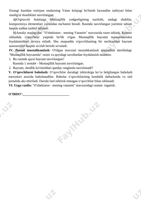 ash 10 daqiqa 5 o`quvchilarni rag`batlantirish. darsni yakunlash. 10 daqiqa 6 uyga vazifa 2 daqiqa jami 45 daqiqa i. tashkiliy qism: 1. salomlashish. 2. davomatni aniqlash. 3. o’quvchilarni darsga tayyorlash. ii. o’tgan mavzuni mustahkamlash: oldingi mavzu yuzasidan savol javob o’tkazish. iii. yangi mavzu bayoni. o‘zbekistonimiz o‘zining atlas matolari bilan mashhur. ulardan turli-tuman kiyim-kechaklar tikiladi. o‘zbekiston atlaslari rang-barangligi bilan ajralib turadi. ularda ranglar jilosi aks etgan. ranglar hosil qilish usuli. turli rangdagi bo‘yoqlarni o‘zaro aralashtirib yangi rang hosil qilinadi. ular atlas matosi uchun rang tanlashda qo‘llanishi mumkin. atlas matosi uchun eskiz ishlash uchun imkoni boricha guash bo‘yoqlaridan foydalanish tavsiya etiladi. chunki guash bo‘yog‘i yuzani qoplash xususiyatiga ega. akvarel bo‘yoqlar esa shaffof bo‘lgani sababli aniq ranglar hosil qilishi uchun bir necha marta rang berish lozim bo‘ladi. akvarel bo‘yoq bilan ishlash [image: image1.png] birinchisi qurimasdan surtilgan bo‘yoq o‘zaro aralashib ketadi. birinchisi qurigandan keyin surtilgan ikkinchi bo‘yoq o‘zaro aralashmaydi. bo‘yoqqa qanchalik ko‘p suv aralashtirilsa, …