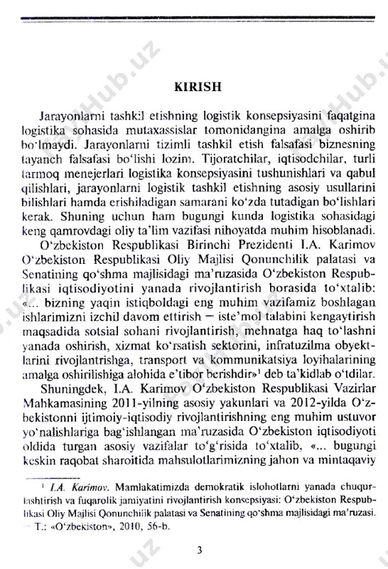 y bog'liqligini ta’minlash hisoblanadi. logistik tarzda tashkil etilgan tizimlar an’anaviy material o'tkazuvchi tizimlardan xuddi zamonaviy avtomobil xx asr bosh- laridagi avtomobildan farq qilgani kabi farq qiladi. logistikaning nazariy fan sifatidagi maqsadi xuddi shunday tizimlarning paydo ho'iishi va amal qilish qonuniyatlarini o‘rganishdir. logistikaning amaliy faoliyat taridagi maqsadi esa ushbu tizimlarni yaratish va ularning amal qilishini ta’minlash hisoblanadi. moddiy oqimlarni boshqarish har doim xoialik faoliyatining muhim tomoni hisoblanib kelingan, biroq nisbatan yaqin vaqtlarda u iqtisodiy faoiiyatning eng muhim vazifalaridan biri tarzidagi mavqega ega boldi. asosiy sabab -iste’molchining tez o‘zgaruvchi hoxish-istaklariga tez moslashuvchan bo‘lgan ishlab chiqarish va savdo tizimlari zamriyatini tug‘dirgan sotuvchi bozoridan iste’mol bozoriga o'tishidir. lqtisodiyotda tarkibiy islohotlar va iqtisodiyotni modernizatsiya- lashni yanada chuqurlashtirish, uning ko‘lamini kengaytirish bilan bogliq masalalarning nazariy va amaliy tomonlarini o‘rganishda «logistika» fani alohida o‘rin tutadi. jahon tajribasi shuni ko‘rsatadiki, bugungi kunda raqobat bozorida kimki logistika sohasida layoqatli (kompetentli) bo‘isa, yetakchilik mavqeyiga ega bo'ladi. q‘quv qovllanmani tayyorlashda mualliflar …