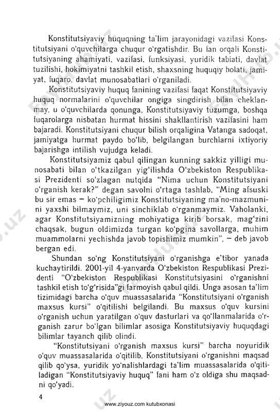yoritildi. masalan, saylov tizimi konstitutsiyada davlat hokimiya* tarmoqlaridan keyin berilgan. lekin hokimiyat tarmoqlari asosan saylov yo'li bilan yoki saylov ta’siri asosida vujudga keladi. shu­ ning uchun ularni o'rganishni saylovdan boshlash uslubiy jihatdan, o'rganuvchilarga yaxshiroq yordam berishi mumkin. yoki konstitut- siyamizda prezident instituti oliy majlis - parlament institutidan so‘ng tartibga solingan. darslikda prezident instituti hokimiyat ti­ zimiga bag'ishlangan bo'iimda birinchi o'rinda berildi. sababi, hozir prezident ijro hokimiyati tizimiga kirmaydi, u barcha hokimiyat tarmoqlarining kelishilgan holda faoliyat yuritishi va hamkorligini ta’minlash vakolatiga ega eng yuqori hokimiyat subyekti - davlat boshlig'idir. undan tashqari prezident parlamentni ham, vazirlar mahkamasini ham, sud hokimiyatini ham tashkil etishda ishtirok etadi. shuning uchun prezident institutining birinchi o'rinda berili- shi mantiqiy, uslubiy jihatdan to‘g‘ri deb hisoblandi. darslikda 2003-yil 24-apreldan 2011-yil dekabrgacha konsti- tutsiyaga kiritilgan qo‘shimcha va o‘zgartishlar, shu davrda mam- lakatimizda davlat qurilishi va boshqaruvi, sud-huquq sohasida amalga oshirilgan islohotlar, erkinlashtirish, ularning inson huquq va erkinliklariga ta’siri o‘z ifodasini …