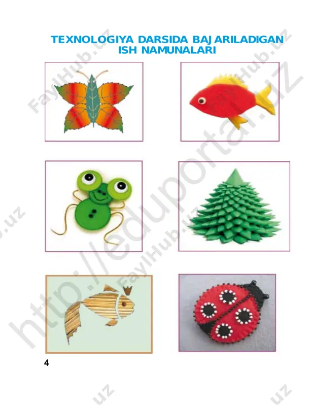 27 1 2 turli qog‘ozlardan girlyandlar va qor parchasini yasash qor parchasini quyidagi tartibda yasab ko‘ring. 3 4 o‘ylab ko‘ring, yana qanday qor parchalarini yasash mumkin?htt p:/ /ed up ort al. uz 28 5 6 7 8 9 10htt p:/ /ed up ort al. uz 29 1 2 mustaqil ish namunalari. 3 4htt p:/ /ed up ort al. uz 30 1 2 3 4 xavfsizlik qoidalariga rioya qiling. rangli qog‘ozdan archa yasash htt p:/ /ed up ort al. uz 31 5 6 7 8 9 10 qog‘oz qismlarini tartib bilan yelimlang. htt p:/ /ed up ort al. uz 32 11 12 archaga mos o‘yinchoqlar yasang. 13 htt p:/ /ed up ort al. uz 33 2-nazorat ishi rangli qog‘ozlardan hajmdor archa o‘yinchog‘ini tayyorlash 2 5 3 1 4 6 3 – texnologiya, 3-sinf htt p:/ /ed up ort al. uz 34 qish manzarasini applikatsiya usulida yasash har bir shaklni to‘g‘ri joylashtirib, …