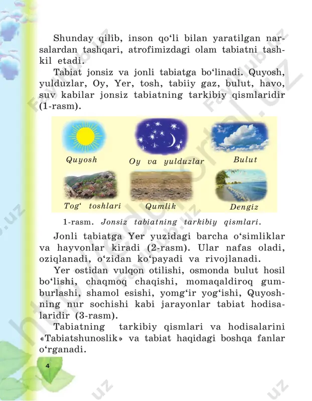 r va taxir bo‘lgani uchun dengiz deb atalgan. hozir esa qurib, bir nechta ko‘llarga ajralgan. o‘lkamizda sariqamish, aydar- ko‘l va arnasoy kabi yirik ko‘llar ham mavjud. okean, dengiz, daryo va ko‘l suvlari yer usti suvlarini tashkil etadi. amaliy ish globusdan bir nechta daryo va ko‘lni toping. ular- ning nomini daftaringizga yozing. muzliklar. yer osti suvlari yerning shimoliy va janubiy qutblari atrofi eng sovuq joylardir (9-a, b rasm). bu qutblarning atrofini qoplagan muzliklar yozda ham erimaydi. baland tog‘larning yuqori qismidagi qor va muzlar ham yozda erimaydi (9-d rasm).htt p:/ /ed up ort al. uz 10 9-rasm. doimiy muzliklar egallagan joylar. b da yomg‘ir va qor suvlari hisobiga dala va bog‘- lar sug‘oriladi. suvlarning bir qismi yer ostiga singib ketadi. bu suvlar yer osti suvlarini hosil qiladi. ayrim joylarda yer osti suvlari buloq bo‘lib, oqib chiqadi. yog‘in kam yog‘adigan, daryo suvlari bormagan joylarda yer osti suvlari quvurlar orqali tortib chiqariladi. ba’zi joylarda …