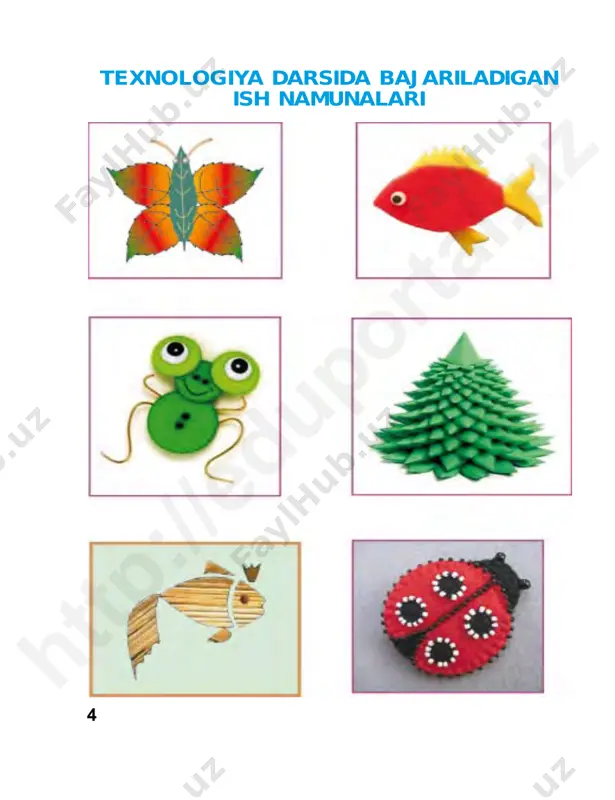 ini yasash qor parchasini quyidagi tartibda yasab ko‘ring. 3 4 o‘ylab ko‘ring, yana qanday qor parchalarini yasash mumkin?http ://e duporta l.u z 28 5 6 7 8 9 10http ://e duporta l.u z 29 1 2 mustaqil ish namunalari. 3 4http ://e duporta l.u z 30 1 2 3 4 xavfsizlik qoidalariga rioya qiling. rangli qog‘ozdan archa yasash http ://e duporta l.u z 31 5 6 7 8 9 10 qog‘oz qismlarini tartib bilan yelimlang. http ://e duporta l.u z 32 11 12 archaga mos o‘yinchoqlar yasang. 13 http ://e duporta l.u z 33 2-nazorat ishi rangli qog‘ozlardan hajmdor archa o‘yinchog‘ini tayyorlash 2 5 3 1 4 6 3 – texnologiya, 3-sinf http ://e duporta l.u z 34 qish manzarasini applikatsiya usulida yasash har bir shaklni to‘g‘ri joylashtirib, qish man- zarasini yarating. 1 2 4 6 3 5http ://e duporta l.u z 35 7 8 qish manzarasidan namunalar yasab ko‘ring. …