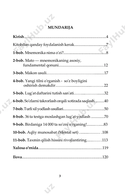 g'a bo'lmaydi. biroq o'rganish jarayoniga endi kirishgan o'quvchi birinchidan, bu usullarning hammasini bilishga qodir emas. agar ushbu usullarning hammasi jamlangan biror kitob uning qo'liga tushib qolsa ham, ularning aynan qaysi birini tanlash va undan unumli foydalanish u uchun jiddiy muammoga aylanishi mumkin. o'quvchi bunday vaziyatda nima ham qilardi? odatdagidek, barcha singari yodlashda qo'llarini qo'yib 6 so‘z yodlash sirlari ro'yxatni ketma-ket takrorlaydi. bu - juda achinarli holat. negaki, o'quvchi eng eski, zerikarli va unumsiz usuldan foydalanmoqda! bunday usul miyamizning ishlash tarziga zid hisoblanadi. ma'lumki, zamonaviy ta'lim jarayonida noan'anaviy usullardan foydalangan holda dars berish va shunday usullar yordamida o'rganish keng qo'llanilmoqda. mualliflar ham sizga o'quvchilar uchun ingliz tilini o'rganishning yanada rang-barangligini ta'minlash maqsadida o'zlari anchadan beri qo'llab, tajribadan o'tkazgan turli usullarni taqdim qilmoqdalar. mazkur uslublar orasida mnemonikaga ham alohida e'tibor berilgan. o'quvchi! shuni unutmangki, biz sizga o'rgatmoqchi bo'lgan so'z yodlash, xotirani rivojlantirish uslublari har qancha samarador bo'lmasin, baribir, muvaffaqiyatning eng muhim omili …