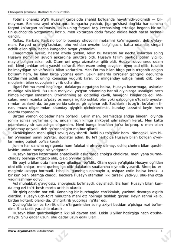 rashod nuri guntekin www.ziyouz.com kutubxonasi 3 so‘zlayotganim yo‘q, o‘zim ham sizlarga o‘xshab hayronman... ammo, aslida shunday bo‘lgandan keyin ilojim qancha?..” inshom sinfda o‘qilganda, dugonalarim men tomonga o‘girilishib, qahqaha urib kulib yuborishdi. bechora aleksi opa ularni tinchitish uchun anchagina zahmat chekdi. * * * qizig‘i shuki, aleksi opa qora kiyimi ichida kosov singari bo‘yi, ohorli oppoq yoqasi, saroy xonimining peshonaga tortilgan chorshafiga o‘xshab bosh kiyimi tagidan ko‘rinib turgan sepkilli qonsiz yuzi va anorgul singari qip-qizil lablari bilan hozir ro‘paramda pay- do bo‘lib, yana o‘sha savolni bersa, hozir ham o‘shandan boshqa javob topolmasam ke- rak, yana baliqday ko‘lda tug‘ilganimni ayta boshlayman. keyinchalik u yoq-bu yoqdan surishtirib bilsam, bu ko‘l musul atrofida, oti doim esim- dan chiqib qoladigan bir kichkina qishloq yonboshida ekan; mening poyonsiz dengizim chakalak orasidagi quruq irmoqdan qolgan bir hovuch suvdan iborat ekan. * * * otam u mahallar musulda xizmat qilar ekan. men ikki yarim yoshlar chamasida ekan- man. …