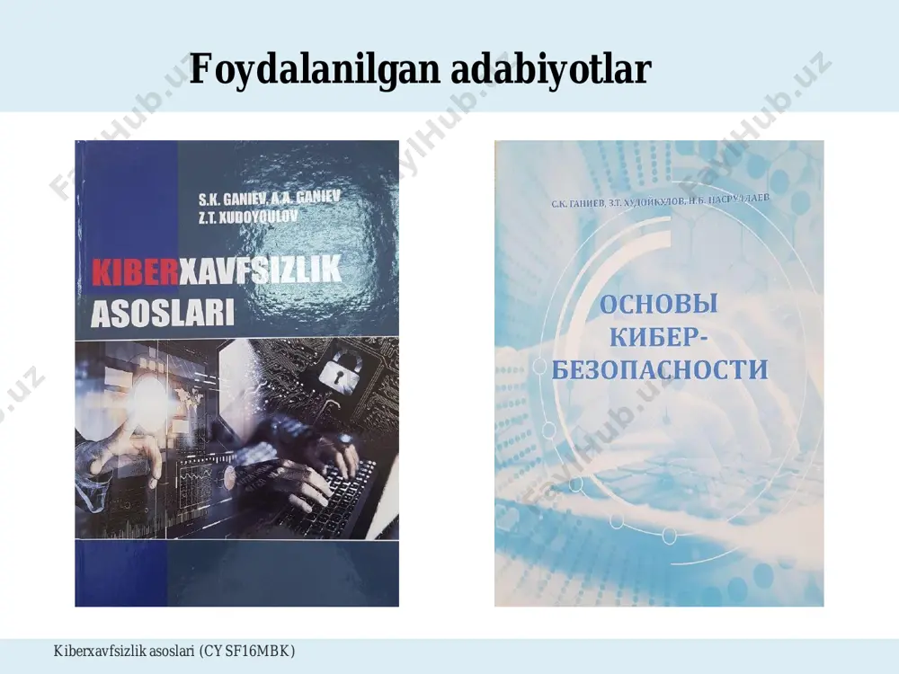 di. • axborotni himoyalash – axborot xavfsizligini ta’minlashga yo‘naltirilgan choralar kompleksi. – amalda axborotni himoyalash deganda ma’lumotlarni kiritish, saqlash, ishlash va uzatishda uning yaxlitligini, foydalanuvchanligini va agar, kerak bo‘lsa, axborot va resurslarning konfidensialligini madadlash tushuniladi. kiberxavfsizlikning fundamental terminlari kiberxavfsizlik asoslari (cysf16mbk) • maqsad – u yoki bu faoliyat jarayonida nimaga erishishni xoxlashimiz hisoblanadi. • noaniqlik – hozisaga, uning oqibatlari yoki uning ehtimolini bilishga aloqador axborotni yoki bilimlarni etishmasligi yoki qisman yetishmasligi holati. • ta’sir – kutilgan yoki xoxlagan hodisani salbiy yoki ijobiy tomonga og‘ishi. • aktiv – tashkilot uchun qadrli bo‘lgan ixtiyoriy narsa bo‘lib, axborot xavfsizligiga bog‘liq holda aktiv sifatida tashkilotning muhim ahborotini keltirish mumkin. kiberxavfsizlikning fundamental terminlari kiberxavfsizlik asoslari (cysf16mbk) • zaiflik – bu bir yoki bir nechta tahdidga sabab bo‘luvchi tashkilot aktivi yoki boshqaruv tizimidagi kamchilik hisoblanadi. • tahdid – tizim yoki tashkilotga zarar yetkazishi mumkin bo‘lgan istalmagan hodisa. • hujum – tahdidning amalga oshirilgan ko‘rinishi. • boshqarish …