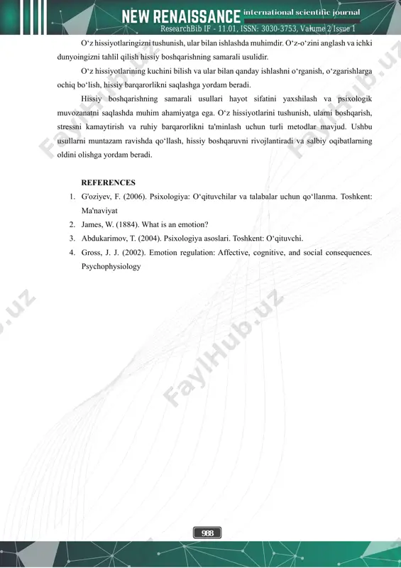 in. hissiy holatlarning boshqarilmasligi nafaqat individual ruhiy va jismoniy salomatlikka, balki ijtimoiy munosabatlar va professional faoliyatga ham salbiy ta'sir ko‘rsatadi. hissiy boshqaruvni rivojlantirish, hissiyotlarni to‘g‘ri talqin qilish va samarali usullarni qo‘llash psixologik muvozanatni saqlashga yordam beradi va ko‘plab salbiy oqibatlarning oldini olish mumkin. hissiyotlarni boshqarish nafaqat individual salomatlik uchun, balki atrofdagi insonlar bilan munosabatlar uchun ham muhimdir. hissiy boshqarilmaslikning oldini olish va hissiy boshqarilishni rivojlantirish insonning ruhiy va jismoniy salomatligini yaxshilashga, stressni kamaytirishga va umumiy farovonlikni oshirishga yordam beradi. hissiy boshqarish, o‘z-o‘zini anglash, sog‘lom muloqot va turli texnikalar orqali amalga oshirilishi mumkin. quyida ular keltirib o’tiladi. odamlar ko‘pincha stressli vaziyatlarni yoki salbiy holatlarni ko‘rganlarida salbiy fikrlar uyg‘onadi. kognitiv qayta ishlash usuli orqali, salbiy fikrlarni ijobiy va konstruktiv fikrlar bilan almashtirish mumkin. hissiyotlar va reaktsiyalar ko‘pincha odamning vaziyatni qanday baholashiga bog‘liq. salbiy vaziyatni qayta baholash va uni ijobiy tomondan ko‘rish hissiy boshqaruvni yaxshilaydi. mindfulness (diqqatni hozirgi zamonga jamlash) texnikasi, odamni o‘z …