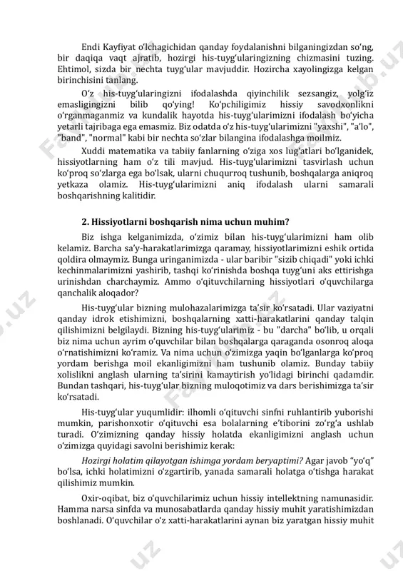 qoniqish. · qizil va ko‘k kvadrantlar esa yoqimsiz his-tuyg‘ularni ifodalaydi. esda tuting: yoqimsiz degani yomon yoki salbiy degani emas. bu shunchaki ichki dunyomizda noqulay his etiladigan narsadir. · qizil kvadrant: yuqori energiya, ammo noqulaylik bilan. bu g‘azab, xavotir, asabiylashish. siz biroz norozilikdan tortib, jahldorlik, g‘azab yoki qahr darajasigacha bo‘lishingiz mumkin. shuningdek, yengil xavotirdan tortib, hayajon, tashvish va to‘liq zo‘riqishgacha bo‘lgan holatlar. · ko‘k kvadrant: past energiya va yoqimsiz hislar. bu g‘amginlik, yolg‘izlik, umidsizlik, hatto tushkunlik. bu to‘rtta kvadrant ichki kechinmalarimizni tashqi, tushunarli tasvirga aylantirishga yordam beradi. bu bizga o‘z his-tuyg‘ularimizga chetdan nazar solish va o‘zimizga quyidagi savolni berish imkonini beradi: "hozir men sariq, qizil, ko‘k yoki yashil holatdamanmi?" so‘ngra o‘zingizga yana bir savol bering: "nima uchun men buni his qilyapman?" va eng aniq so‘zni topib, o‘z holatimizni tasvirlashga harakat qiling. endi kayfiyat o‘lchagichidan qanday foydalanishni bilganingizdan so‘ng, bir daqiqa vaqt ajratib, hozirgi his-tuyg‘ularingizning chizmasini tuzing. ehtimol, sizda bir nechta tuyg‘ular …