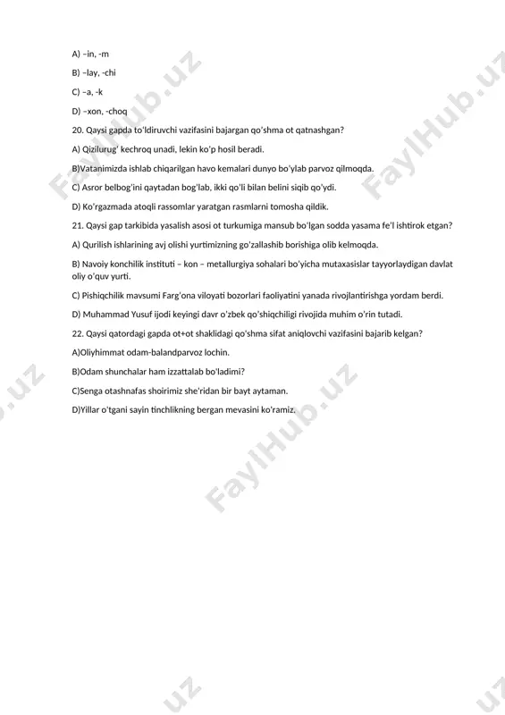 iligi rivojida muhim o’rin tutadi. [bookmark: _goback]22. qaysi qatordagi gapda ot+ot shaklidagi qo'shma sifat aniqlovchi vazifasini bajarib kelgan? a)oliyhimmat odam-balandparvoz lochin. b)odam shunchalar ham izzattalab bo'ladimi? c)senga otashnafas shoirimiz she'ridan bir bayt aytaman. d)yillar o'tgani sayin tinchlikning bergan mevasini ko'ramiz.