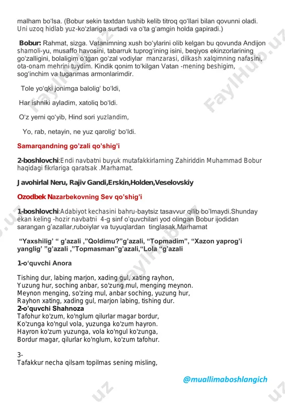 lmas qilsam necha tafakkur. 4-behruz balodur manga hajring, davodur manga vasling, itobing manga ofat, hadising manga darmon. darmon manga hadising, ofat manga itobing, vasling manda davodur, hajring manga balodur. 5-sayyora chu bobur sanga quldur, nazar qil anga zinhor, topilmas yana bir qul aningdek sanga, ey jon. ey jon sanga aningdek, bir qul yana topilmas, zinhor anga nazar qil, quldur sanga chu bobur 6-ro’zaxon har ishda shitob qilmagaysan, bu demak murodga yetmagaysan. 7 shoira o‘quvchi kishi yuz so‘z birla ko‘nglin olur. birovnikim birovdin ko‘ngil qolur, 5- o‘quvchi necha nafing‘a bo‘lursan tobe, necha umringni qilursan zoye. o’ynayli qo’shig’i raqsi (sanjarbek,jasurbek,behruzbek,gulruhsor) faqat... bobur yig'lagan boshimga urayinmi o'tar dunyo shonini, o', kuygan o'tlarimda qaytadan kuyayinmi? guldan baldoqlar taqqan jononlarning jonini bir siqim tuproq qilgan dunyoni suyayinmi? mening karvonim horg'in, kunbotarga og'moqda, elas-elas kelmoqda qo'ng'iroqlar jarangi. garchand boshim ustida oy nurlari yog'moqda, holim shu qadar zabun, holim shu qadar tangki... yo'q, ezg'in ko'nglimdayin yorishib borar …