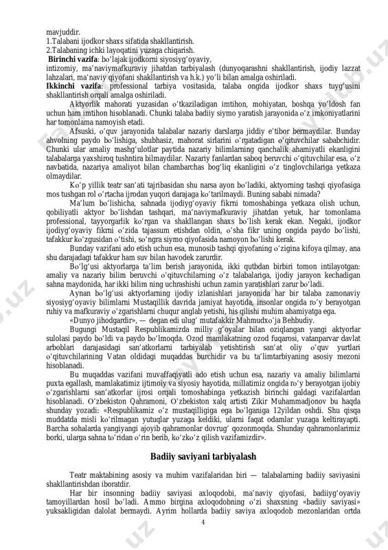 h fan uchun ham imtihon hisoblanadi. chunki talaba badiiy siymo yaratish jarayonida o‘z imkoniyatlarini har tomonlama namoyish etadi. afsuski, o‘quv jarayonida talabalar nazariy darslarga jiddiy e’tibor bermaydilar. bunday ahvolning paydo bo‘lishiga, shubhasiz, mahorat sirlarini o‘rgatadigan o‘qituvchilar sababchidir. chunki ular amaliy mashg‘ulotlar paytida nazariy bilimlarning qanchalik ahamiyatli ekanligini talabalarga yaxshiroq tushntira bilmaydilar. nazariy fanlardan saboq beruvchi o‘qituvchilar esa, o‘z navbatida, nazariya amaliyot bilan chambarchas bog‘liq ekanligini o‘z tinglovchilariga yetkaza olmaydilar. ko‘p yillik teatr san’ati tajribasidan shu narsa ayon bo‘ladiki, aktyorning tashqi qiyofasiga mos tushgan rol o‘rtacha ijrodan yuqori darajaga ko‘tarilmaydi. buning sababi nimada? ma’lum bo‘lishicha, sahnada ijodiyg‘oyaviy fikrni tomoshabinga yetkaza olish uchun, qobiliyatli aktyor bo‘lishdan tashqari, ma’naviymafkuraviy jihatdan yetuk, har tomonlama professional, tayyorgarlik ko‘rgan va shakllangan shaxs bo‘lish kerak ekan. negaki, ijodkor ijodiyg‘oyaviy fikrni o‘zida tajassum etishdan oldin, o‘sha fikr uning ongida paydo bo‘lishi, tafakkur ko‘zgusidan o‘tishi, so‘ngra siymo qiyofasida namoyon bo‘lishi kerak. bunday vazifani ado etish uchun esa, munosib tashqi …