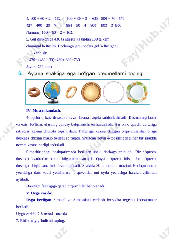 lar soni yashil qalamlardan 3 marta ko‘p bo‘lsa, sariq qalamlar soni qancha? boshqotirma o’qituvchi yordamida yechiladi. javob: yashil qalamlar soni – 1dona qizil qalamlar soni – 3dona sariq qalamlar soni – 4dona v. uyga vazifa: 7-misol va 8-topshiriqlar uyga berilib, ularni bajarish bo‘yicha tegishli ko‘rsatmalar beriladi. 7-misol. 7-misolni o‘quvchilar mustaqil yechadilar. shu bilan birga o‘quvchilar misolni doskada ham yechadilar 200·4 –200 2 ·200 – 160 2·300 + 330 200:2+ 370 600:3+490 900:3 – 250 8-masala. do‘konda 1 ta qalamning narxi 300 so‘m, 1 ta ruchkaning narxi esa 400 so‘m. lobar do‘kondan 2 ta qalam va 1 ta ruchka sotib oldi. lobar jami necha so‘m sarﬂadi? yechish: 300*2+400=600+400=1000 javob: lobar jami 1000 so‘m sarﬂadi vi. dars yakuni. o’quvchilar bilimini baholash va rag’batlantirish darsdagi faolligiga qarab o‘quvchilar baholanadi. uyga qo‘shimcha topshiriq: uch xonali sonlarni o‘qish va yozishni mashq qilish. sana :__________________ tekshirdi : _____________ 31-dars mavzu. 320·3 ko‘rinishidagi ifodalar soatlar soni: 1 …