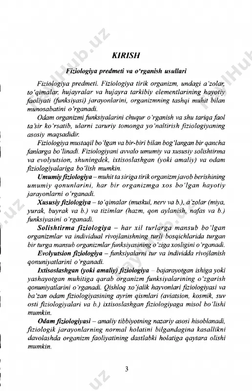 b o g ‘liq. l.p .p avlovning yara tgan oliy nerv fa o liya ti haqidagi ta 'lim o ti psixologiya va pedagogikaning tabiiv-ilmiy asosidir. 4 f iziologik tekshirish usullari. f izio log iya eksperim en ta l fan. f iziologiya havot hodisalarini kuzatib va o 'rganib, ularga sifatli va miqdoriv baho berishga, y a ‘ni (ularni) aniq tasvir qilish va o'lchashga, shuningdek kuzatish natijalarini hujjatlashga intiladi. otchash uchun ham. asoslash uchun ham tekshirish usuliga mos maxsus asbob va anjomlar kerak. chunki ko 'pgina jarayonlar shu qadar oz bo ‘lib, shunchalik tez o ‘tib ketadiki, ularni o tchash uchun maxsus moslamalar zarurdir. zamonaviy fiziologiya yuksak darajadagi sezgir appara tlardan fo yd a la n a yo tg a n lig i organizm ni o 'rg a n ish imkoniyatlarini g ‘oyat kengaytiradi. mutaxassis fiziologiya jarayonlarini kuzatibgina qolmasdan, balki nima uchun bu jarayon sodir bo ‘layotganligini ham bilishi zarur. buning uchun …