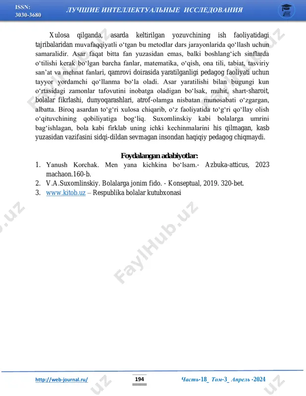 adi. qachonki, bolaga mehnatini qadrlab yaxshi baho qo‘ysangiz, uni a’lo qilish uchun o‘quvchida beixtiyor harakat paydo bo‘ladi, o‘ziga bo‘lgan ishonchi ham ortib boradi. biroq osonlik bilan erishish hissini bola miyasiga o‘rnatib qo‘yish xavfidan ogoh bo‘lmoq lozim. yozuvchi bolalarning o‘z tillarida gaplashishini, bolalarning tasavvuriga joy berishni va ularning dunyoni ertak tilida tasavvur qilishini buzmaslikni ta’kidlaydi. bolani mustaqil ertak tuzishga undash, o‘zlari chizgan rasmlar haqida gapirib berishlari uchun sharoit yaratib berish bu bolaning nutqini o‘stiribgina qolmay, jamoada o‘z fikrini keltira olish ko‘nikmlarini ham oshiradi. albatta, bolalar xayolotdagi sarguzashtlarni yoqtiradi, biroq haqiqiy hayotga ham ertak misoli qarashga odatlanib qolmasliklarini nazorat qilmoqlik zarur. nina va sasha ularning onasi xastaligidan maktabga g‘amgin kelishi va ba’zan darslarga kela olmasliklaridan o‘rtoqlari birgalashib, ularning oilasiga bir qancha uy yumushlariga qarashishga borishadi. bu bilan ko‘rinib turibdiki, bolalarni bir- birlariga mehribon va g‘amxo‘r qilib tarbiyalash ham mashaqqatli vazifadir. yozuvchi mana shu vaziyat yuzasidan “agar bola qayg‘u, iztirob, nafrat nima ekanligini …