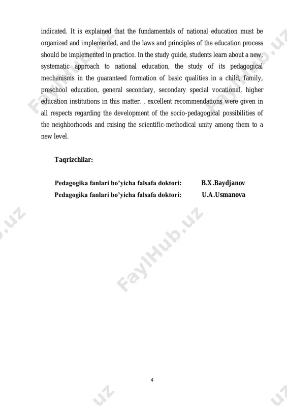 naviyatli, shu bilan birga bilimdon, zukko, ruhan va jismonan sog‘lom, keng dunyoqarash va tafakkurga ega, zamonaviy kasb-hunar egasi bo‘lgan vatanparvar yoshlarni yetishtirib beradi. bugungi kunda o‘zbekistonda yoshlar tarbiyasini milliy va zamonaviy asosda ilmiy-texnologik isloh qilish borasida olib borilayotgan ishlar uni bugungi kun ehtiyojlaridan kelib chiqqan holda ilmiy asoslangan tayanch kompetensiyalar, fazilatlar va asosli psixologik qonuniyatlar asosida shakllantirishni talab etmoqda. milliy tarbiyaga yangicha, tizimli yondashuv, bolada tayanch fazilatlarni kafolatli shakllantirishda uning psixologik qonuniyatlarini o‘rganish, mazkur masalada oila, maktabgacha ta’lim, umumiy o‘rta, o‘rta maxsus kasb-hunar, oliy ta’lim muassasalari, mahallalarning ijtimoiy- pedagogik imkoniyatlarini to‘liq yuzaga chiqarishni va ular orasida ilmiy- metodik hamkorlik va uzviylikni yangi darajaga ko‘tarishni taqozo etadi. vatanga sadoqat, burch va mas’uliyat, tashabbuskorlik va boshqa fazilatlar 6 yoshlar ongida nazariy tushunchalar sifatida qolib ketgani holda uning xarakterida, psixologik qonuniyat sifatida namoyon bo‘lmayapti, mazkur fazilatlarga nisbatan amaliy odatlar sifatida shakllanmayapti. buning oqibatida ularning ushbu fazilatlar haqidagi so‘zlari bilan amallari orasida tafovut namoyon …