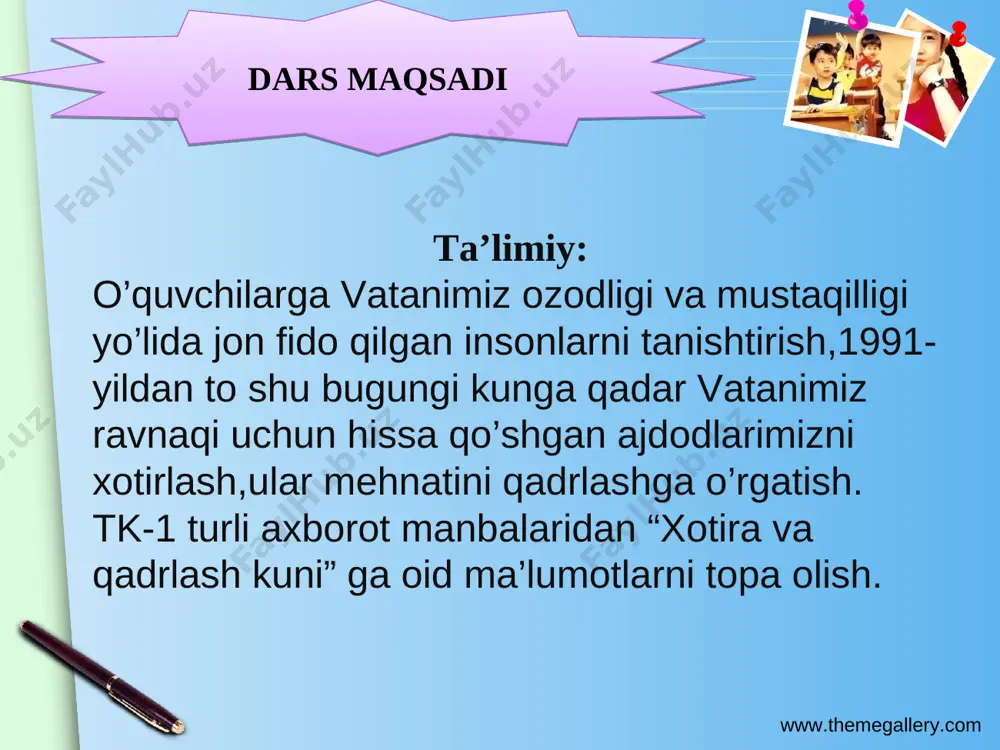 kitob bor edi? a) ulkan mis kitob b) ertak d) badiiy kitob www.themegallery.com 4. turon so’zining ma’nosi a)osiyo b) shahar d) zamin farzandi 5.”vatani borni baxti bor” bu nima? a)maqol b)topishmoq d)masal ustozlar maktabi. ustoz-shogird an'anasi ustozlar maktabi. ustoz-shogird an'anasi www.themegallery.com uyga vazifa:hikoyani o’qib so’zlash savollarga javob topish 1.bobo nabirasiga qanday voqeani so’zlab berdi? 2.”xotira va qadrlash kuni”haqida kichik hikoya tuzish www.themegallery.com e’tiboringiz uchun rahmat! ustozlar maktabi. ustoz-shogird an'anasi ustozlar maktabi. ustoz-shogird an'anasi unknown-0.unknown