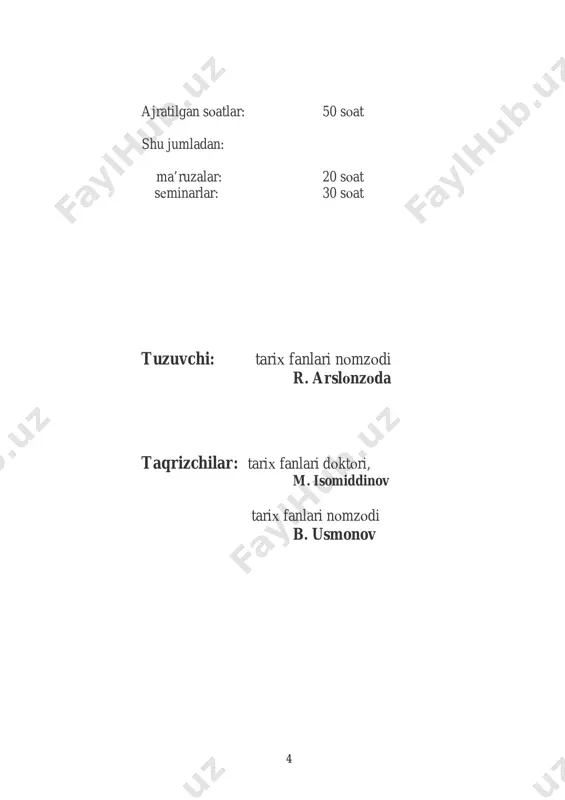 ing dunyoqarashi va metodologik pozitsiyalari bilan bog’liq bo’lgan. shundan kelib chiqqan holda, biz o’rganmoqchi bo’lgan maxsus kursning uchinchi vazifasi magistrantlarni qo’qon xonligi tarixi tarixshunosligining asosiy davrlari bilan tanishtirishdan iboratdir. ayni vaqtda tolibi ilmlar har bir davrning o’ziga xos xususiyatlari, turli davrlarda yashagan tarixchilarning xonlik tarixini o’rganishga qo’shgan hissalarini idrok etadilar va shu asosda yechilmagan ilmiy muammolarni aniqlashtiradilar. maxsus kursning yana bir vazifasi – bu yosh tarixchilarga tarixiy manbalar va tadqiqotlarni tanqidiy ruhda o’rganish ko’nikmasini hosil qilishdir. ammo tanqidiy yondashuv oldingi avlod tarixchilarining ishlarini inkor etish degani emas. har qanday manba yoki ilmiy tadqiqotlarning so’zsiz o’ziga xos ijobiy tomonlari bo’ladi. biz ularni tan olishimiz va ulardan unumli foydalanishimiz lozim. shu bilan birga bizdan oldingi muarrixlarning asarlarida uchrab turadigan ayrim kamchiliklar va nuqsonlarni bilish keyingi tadqiqotlarda ularni isloh qilish uchun zamin yaratadi. “qo’qon xonligi tarixi manbashunosligi va tarixshunosligi” maxsus kursi eng avvalo vatanimiz tarixini yanada chuqurroq maxsus kursning asosiy vazifalari maxsus kursning …