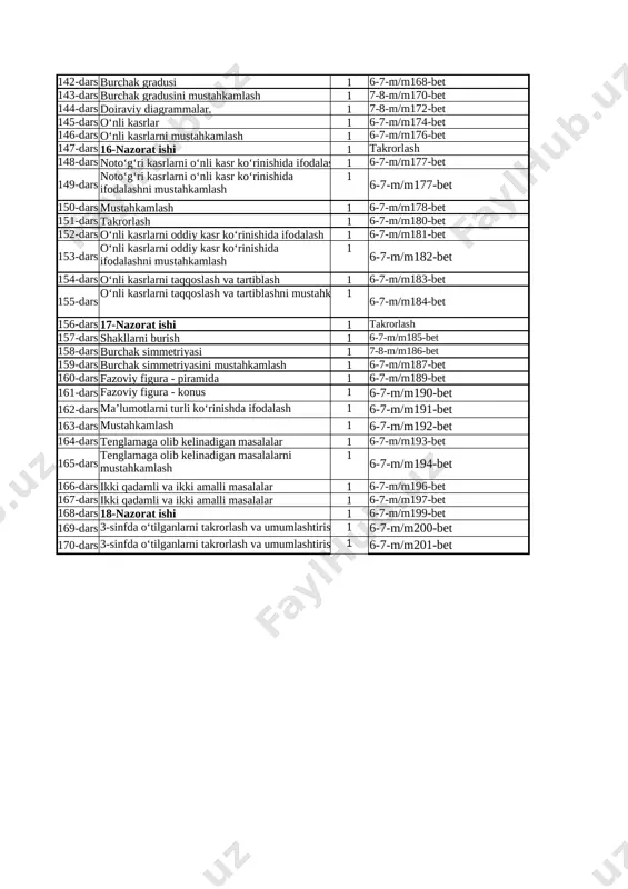 104-dars perpendikular to‘g‘ri chiziqlar 1 7-8-m/m123-bet 105-dars o‘qqa nisbatan simmetrik figuralar 1 6-7-m/m124-bet 106-dars mustahkamlash 1 6-7-m/m125-bet 107-dars kasr tushunchasi 1 6-7-m/m128-bet 108-dars kasr tushunchasini mustahkamlash 1 6-7-m/m129-bet 109-dars 12-nazorat ishi 1 takrorlash 110-dars maxraji 2, 4, 8 bo‘lgan kasrlar 1 6-7-m/m130-bet 111-dars maxraji 2, 4, 8 bo‘lgan kasrlarni mustahkamlash 1 6-7-m/m131-bet 112-dars maxraji 3, 6, 12 bo‘lgan kasrlar 1 7-8-m/m133-bet 113-dars maxraji 3, 6, 12 bo‘lgan kasrlarni mustahkamlash 1 6-7-m/m134-bet 114-dars to‘g‘ri va noto‘g‘ri kasrlar 1 7-8-m/m136-bet 115-dars aralash son tushunchasi 1 6-7-m/m137-bet 116-dars noto‘g‘ri kasrni aralash songa aylantirish 1 6-7-m/m139-bet 117-dars noto‘g‘ri kasrni aralash songa aylantirishni mustahkamlash 1 7-8-m/m141-bet 118-dars 13-nazorat ishi 1 takrorlash 119-dars nazorat ishi tahlili 1 takrorlash 120-dars kasrlarni taqqoslash 1 6-7-m/m143-bet 121-dars maxraji bir xil bo‘lgan kasrlarni taqqoslash 1 6-7-m/m144-bet 122-dars maxraji bir xil bo‘lgan kasrlarni taqqoslashni mustahkamlash 1 6-7-m/m145-bet 123-dars surati bir xil bo‘lgan kasrlarni taqqoslash 1 7-8-m/m147-bet 124-dars surati bir xil bo‘lgan …