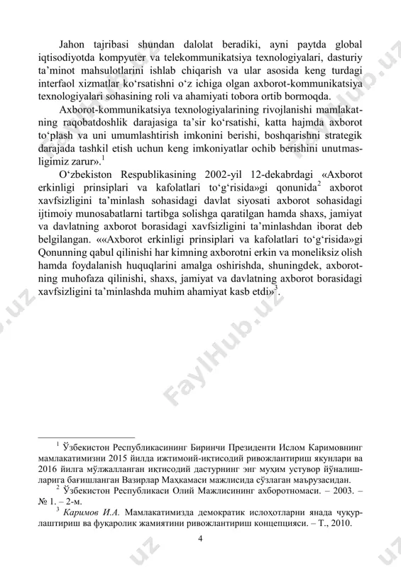 imizda demokratik islohotlarni yanada chuqur- lashtirish va fuqarolik jamiyatini rivojlantirish kontseptsiyasi. – t., 2010. 5 i. axborot xavfsizligi va axborotni muhofaza qilish 1.1. axborot xavfsizligi va axborotni muhofaza qilish tushunchalari axborot xavfsizligi – ko‘p qirrali faoliyat sohasi bo‘lib, unga faqat tizimli, kompleks yondashuv muvaffaqiyat keltirishi mumkin. ushbu muammoni hal etish uchun huquqiy, ma’muriy, protsedurali va dasturiy- texnik choralar qo‘llaniladi. davlatning axborot xavfsizligini ta’minlash muammosi milliy xavf- sizlikni ta’minlashning asosiy va ajralmas qismi bo‘lib, axborotni muhofaza qilish esa davlatning birlamchi masalalariga, davlat siyosati darajasiga aylanmoqda. axborot xavfsizligining milliy xavfsizlik tizimidagi o‘rni. xxi asrda shaxs, jamiyat va davlat taraqqiyotida axborot resurslari va texnologiya- larining rolini ortishi natijasida o‘zbekiston respublikasida fuqarolik jamiyatini axborotlashtirilgan jamiyat sifatida qurish masalasini hal etish bilan birga quyidagi omillar milliy xavfsizlikni ta’minlash tizimida axborot xavfsizligining yetakchi o‘rin egallashini belgilaydi: – milliy manfaatlar, ularga tajovuz va ularni bu tajovuzlardan himoya- lash axborot va axborot sohasi orqali ifodalanadi, amalga oshiriladi; – …