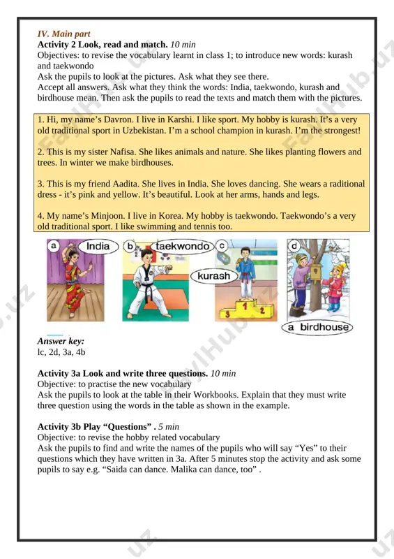 u have showed in the order you have showed them to check the answers. 2) after 5 cards you can check the answers and ask the pupils to change the roles 3) if your class is fast, you can put other cards and play the game once more or you can put the cards on the board so the pupils can choose the card themselves. vi. homework 5 min ask the pupils to open their workbooks and look at the homework. explain that they must complete the sentences at home using the table. vii. evaluation. giving marks deputy director on educational affairs: ____________________ signature _________ [image: ] [image: ] [image: ] [image: ] [image: ] [image: ] image7.png image8.png image9.png image10.png image11.png image12.png image13.png image1.jpeg image2.png image3.png image4.png image5.png image6.png