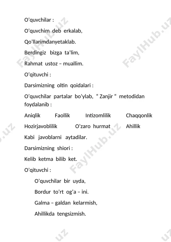 o’ron odamga dedi: dunyoda eng zo’ri kim? menmi jalami, yoki daryo. odam dedi: -yo’q,dunyoda shunday bir kuch borki, u seni ham, jalani va daryoni ham jilovlab oladi va istagan ko’yiga soladi. ey quyosh, qudratlisan, lekin ko’p katta ketma.seni ham izmiga sola oladigan qudratli kuch bor. -xo’sh, nima o’zi o’sha qudratli kuch? – deb baravariga so’rashdi jahldan darg’azab bo’lgan bo’ron, jala ,daryo va quyosh. odam dedi : -bu qudratli kuch- do’stlik !do’stlik bor joyda esa g’alaba muqarrar. multimedia ilovasida berilgan lug’at so’zlar asosida lug’atishi o’tkaziladi. o’quvchilarni o’qish fani daftarlariga lug’at so’zlar yozdirilib qo’yiladi. iv.yangi mavzuni mustahkamlash. yangi mavzuni mustahkamlashda, yana kichik guruhlarda ish olib boriladi. bunda har bir guruhga rivoyat mazmunidan kelib chiqib rasm chizish, hamda quyidagi jadvalni to’ldirish ta’kidlanadi. rivoyat nomi rivoyatdagi bosh qahramonlar rivoyatning boshlanishi. rivoyatda ilgari surilgan g’oya. rivoyatni yakuni. xulosa. har bir guruhga topshiriqlarni bajarib, yakunlashi uchun vaqt belgilab , e’lon qilinadi. belgilangan vaqt ichida guruhlar, ham …