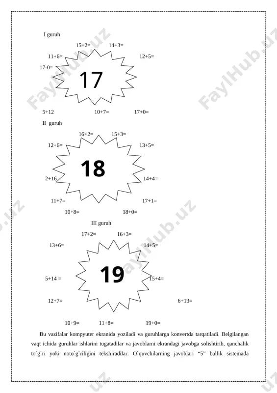 [image: mc900246111[1]][image: mc900246111[1]][image: mc900246111[1]][image: mc900246111[1]][image: mc900246111[1]] 20 2000 20 19 10 1 o`quvchilarning bu fikrlarini to`ldirish maqsadida, o`qituvchi jadvaldan foydalanib tushuntiradi.bo`g`irsoq yo`lda davom etib ketayotgan ekan, oldidan bo`ri chiqib qolibdi. bo`ri ham bo`g`irsoqqa: “men seni yeyman” debdi. shunda bo`g`irsoq: “mayli, lekin bitta shartim bor, shuni bajara olsang, meni yeyishing mumkin” debdi. bo`g`irsoq unga darslikdagi 2-masalani yechib berishni so`rabdi.bo`ri esa bu vazifani bajara olmabdi, bu vazifani ham o`quvchilar bir zumda yechib berishibdi. bo`g`irsoq yana yo`lda davom etib ketayotgan ekan yo`lidan ayiq chiqib qolibdi. ayiq ham bo`g`irsoqqa: “men seni yeyman” debdi. bo`g`irsoq: “mayli, lekin bitta shartim bor, shuni bajara olsang, meni yeyishing mumkin” debdi. bo`g`irsoq unga darslikdagi 3-misolni yechishi kerakligini aytibdi.[image: mc900441726[1]]ayiq ham bu vazifani bajara olmaganidan keyin yana o`quvchilar unga yordam berishibdi. [image: mc900434872[1]] 19+1=20 20-1=19 bo`g`irsoq yo`lda davom etib ketaveribdi, ayiq bo`g`irsoqning orqasidan qarab qolaveribdi. bo`g`irsoq o`z qo`shig`ini aytib ketayotib, tulkiga duch kelibdi. tulki bo`g`irsoqqa: “men seni yeyman” debdi. bo`g`irsoq …