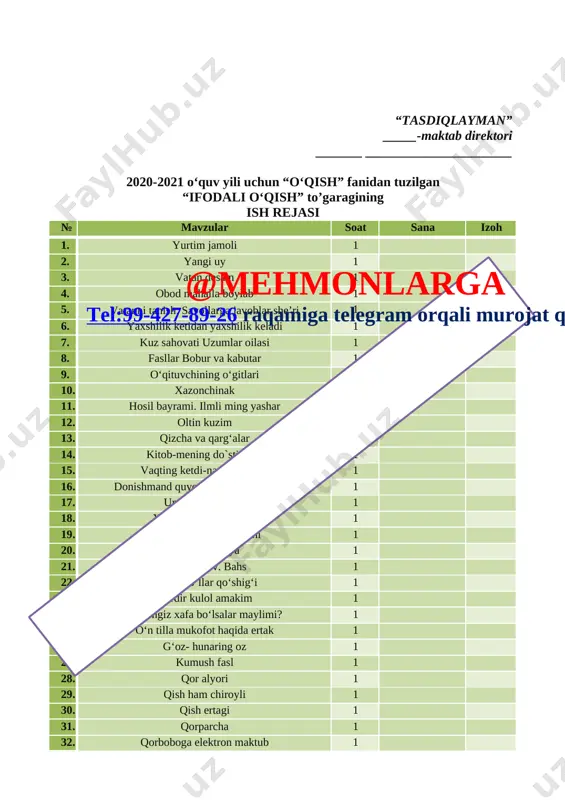 xabardor bo`lish hamda foydalanish kompetentsiyalarini tarbiyalash d) rivojlantiruvchi: vatanga bo’lgan muhabbatini, yurtga sadoqat tuyg’ularini shakllantirish. axborot bilan ishlash kompetensiyasi:mavjud axborot manbalaridan (kitob, telefon, televizor, radio va boshq.) foydalana olish va xulosa chiqarish; o‘zini o‘zi rivojlantirish kompentensiyasi:milliy va umuminsoniy qadriyatlarni e’zozlash; milliy va umummadaniy kompentensiyasi: badiiy asarlarda aks etgan ma’naviy va madaniy hodisalar mohiyatini to‘g‘ri tushunish va talqin qila olish, ulardagi estetik jihatlarni ilg‘ash hamda tushuntirib bera olish; ijtimoiy faol fuqarolik kompentensiyasi: badiiy asarlarda xilma-xil shakl va ko‘rinishlarda namoyon bo‘ladigan qahramonlarning insoniylik va boshqa fazilatlariga qarab turib xolis mulohaza yurita olish; @mehmonlarga tel:99-427-89-26 raqamiga telegram orqali murojat qiling matematik savodxonlik, fan va texnika yangiliklaridan xabardor bo‘lish hamda foydalanish kompentensiyasi: mamlakatimizdagi bayram kunlarini bilish, kundalik faoliyatida uchraydigan turli chizmalardan foydalana olish. mashg`ulot uslubi: mashg`ulotlik bilan ishlash, savol-javob mashg`ulot jihozi: mashg`ulotlik, o’zbekiston rasmlari, slaydlar, kompyuter. mashg`ulotning borishi. i.tashkiliy qism: salomlashish; davomatni aniqlash; mashg`ulotga tayyorgarlik ko’rish; mashg`ulotning maqsadini aytish ii. o’tgan mavzuni so’rash va …