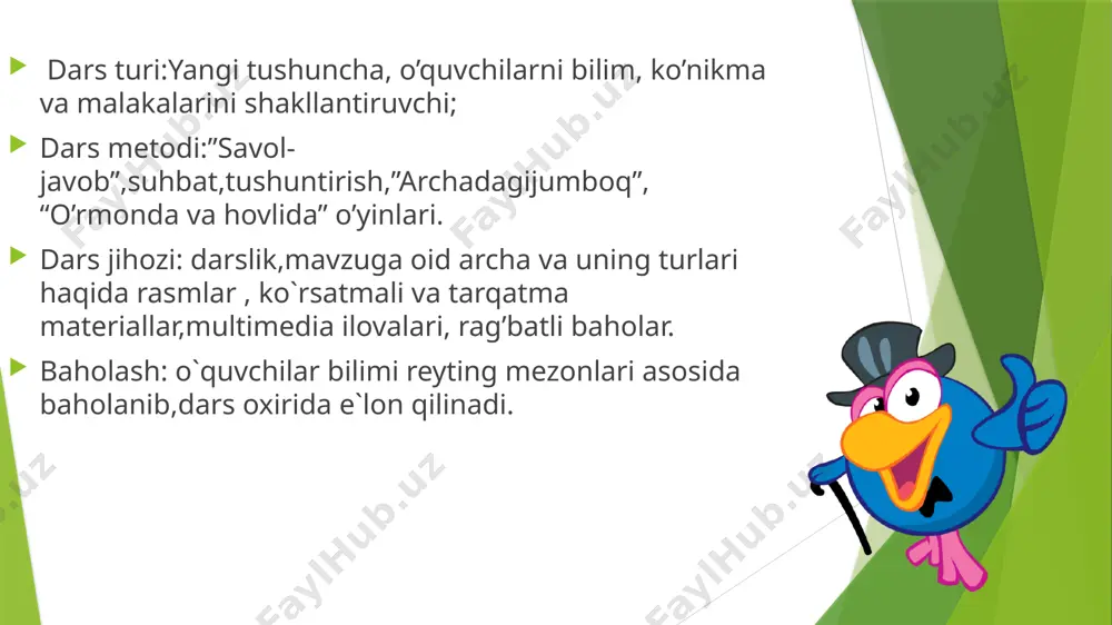 a ko’rdi? a)uyning tomida b)osmonda d)yerda 5.qorparcha bulutdan nimaga aylantirishini iltimos qildi ? a)kapalakka b)gulga d)quyoshga v.darsda faol qatnashgan o`quvchilar baholanadi .”archadagi jumboq” o’yini, “tez aytish”,”topishmoqlar”topish, “maqollar ” aytish, savol-javoblar. o`quvchilar darsda ishtirokiga qarab rag`batlantiriladi. darsda faol ishtirok etgan o`quvchilar baholanadilar. vi.uyga vazifa. “tog’ malikasi” hikoyasini ifodali o`qib va so’zlab berishga tayyorlanib kelish. 5 4 3 e'tiboringiz uchun rahmat image1.jpeg image2.jpeg image3.jpeg image4.png image5.png image6.png image7.png image8.png image9.png image10.jpeg image11.jpeg image12.jpeg image13.jpeg image14.jpeg image15.png image16.jpeg image17.png image18.jpeg image19.png image20.png image21.png image22.jpeg image23.png image24.png image25.jpeg image26.png image27.jpeg image28.png image29.jpeg image30.jpeg image31.jpeg