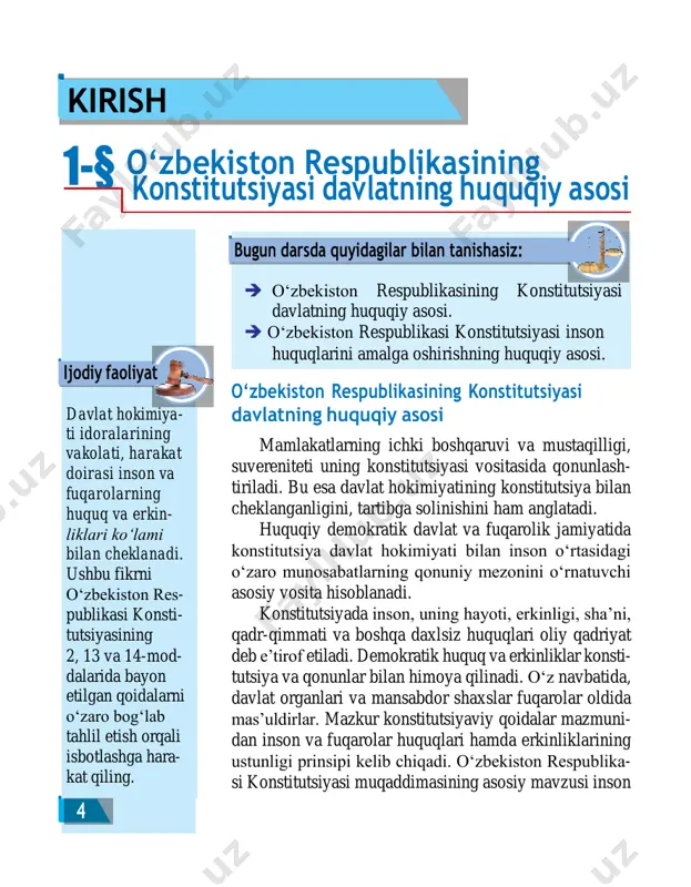 ‘z hududida amal qilinadigan qo- nunlarini o‘zi yaratadi. demak, qonunlar jamiyatda- gi muayyan ijtimoiy munosabatlarni tartibga soladi va xalqning xohish-irodasini ifoda etadi, turli siyosiy kuchlar, ijtimoiy tabaqalar, guruhlar manfaatlarining o‘zaro murosasini ta’minlaydi. o‘zbekiston respublikasida o‘zbekiston res- publikasi konsti- tutsiyasi va qonun- larining ustunligi so‘zsiz tan olinadi. davlat, uning or- ganlari, mansabdor shaxslar, jamoat birlashmalari, fuqa- rolar konstitutsiya va qonunlarga mu- vofiq ish ko‘radilar. o‘zbekiston respublikasining konstitutsiyasi, 15-modda ijodiy faoliyat quyidagi rasm- larda ifodalangan shaxslar va davlat o‘rtasida qanday munosabatlar bor? 5 o‘zbekiston respublikasi konstitutsiyasi inson huquqlarini amalga oshirishning huquqiy asosi konstitutsiyaviy davlat deganda davlat hokimiyati idoralari konstitutsiyada belgilangan tartib va prinsip- lar asosida shakllantiriladigan va konstitutsiyaviy nor- malarga qat’iy rioya etgan holda o‘z faoliyatini amalga oshiradigan davlat apparati tushuniladi. konstitutsiyaviy davlat — mamlakatning butun hududida va davlat fao- liyatining barcha sohalarida konstitutsiyaning hamda u asosida qabul qilingan qonunlarning ustunligini ta’min- laydigan va kafolatlaydigan davlatdir. xalq suvereniteti oliy hokimiyat xalqqa tegishli …