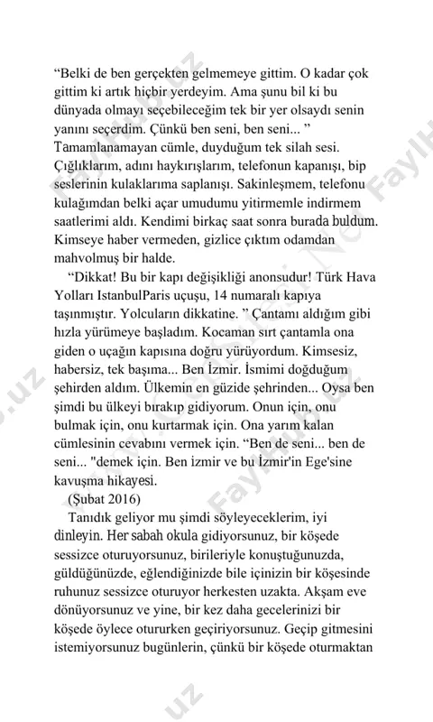 bile yalnız değilim. birkaç kiģi daha var ve eğleniyoruz. birbirimizle konuģmasak da kendi kendimize bir ģeyler paylaģsak da yalnız değiliz, birlikte eğleniyoruz. biliyorum. ve onların da böyle hissettiğine eminim. fonda cem adrian “ben seni çok sevdim... "diye bağırıyordu, “ben seni çok sevdim. oku kelimeleri gözlerimden. " kendi kendime dertlenerek derin bir nefes aldım. hayatımda hiç aģık olmadım. 18 yaģındayım ve daha önce hiç sevgilim olmadı. kimseden hoģlanmadım bile. karģıma doğru insan çıkmadı belki de evet, ama konumuz ģu ki, tüm bunlara rağmen ne zaman bir aģk ģarkısı dinlesem hüzünleniyorum. bazen kendimden gizli sevgilim mi var diye düģünmüyor değilim. çünkü ģarkı ayrılığı anlatıyor ve ben ağlayacak gibi oluyorum. ġarkı özlemi anlatıyor baģımı sallıyorum. evet diyorum ya, evet! özlemden öleceğim diyorum. ama kimi özlüyorum? yok. kimse yok. benden giden kimse olmadı. çünkü bana gelen kimse olmadı. ben de kimseden gitmedim. çünkü ben de kimseye gitmedim. yani sevgili cem adrian, haklısın, ben onu …