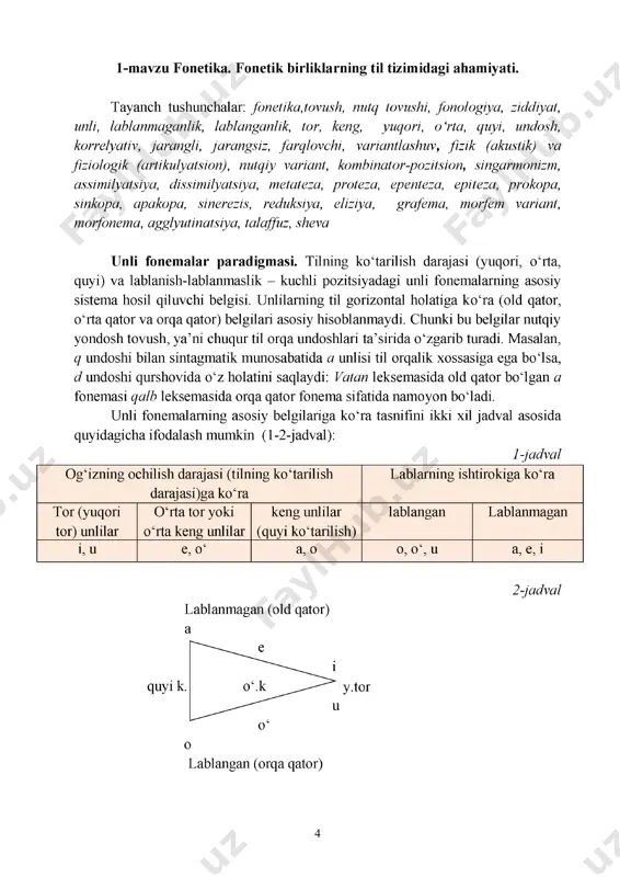 maydi. chunki bu belgilar nutqiy yondosh tovush, ya’ni chuqur til orqa undoshlari ta’sirida o‘zgarib turadi. masalan, q undoshi bilan sintagmatik munosabatida a unlisi til orqalik xossasiga ega bo‘lsa, d undoshi qurshovida o‘z holatini saqlaydi: vatan leksemasida old qator bo‘lgan a fonemasi qalb leksemasida orqa qator fonema sifatida namoyon bo‘ladi. unli fonemalarning asosiy belgilariga ko‘ra tasnifini ikki xil jadval asosida quyidagicha ifodalash mumkin (1-2-jadval): 1-jadval og‘izning ochilish darajasi (tilning ko‘tarilish darajasi)ga ko‘ra lablarning ishtirokiga ko‘ra tor (yuqori tor) unlilar o‘rta tor yoki o‘rta keng unlilar keng unlilar (quyi ko‘tarilish) lablangan lablanmagan i, u e, o‘ a, o o, o‘, u a, e, i 2-jadval lablanmagan (old qator) a lablangan (orqa qator) 4 qaydlar uchun hamroyeva maftuna rasulovna o‘zbek tilining amaliy grammatikasi muharrir: f.usmonov texnik muharrir: o.jabborov musahhih: m.kuziyeva sahifalovchi: x.axrorov nashriyot litsenziyasi №040075. 23.09.2022. original maketidan bosishga ruxsat etildi: 28.12.2023. bichimi 60x84. kegli 16 shponli. “times new roman” gam. ofset bosma …