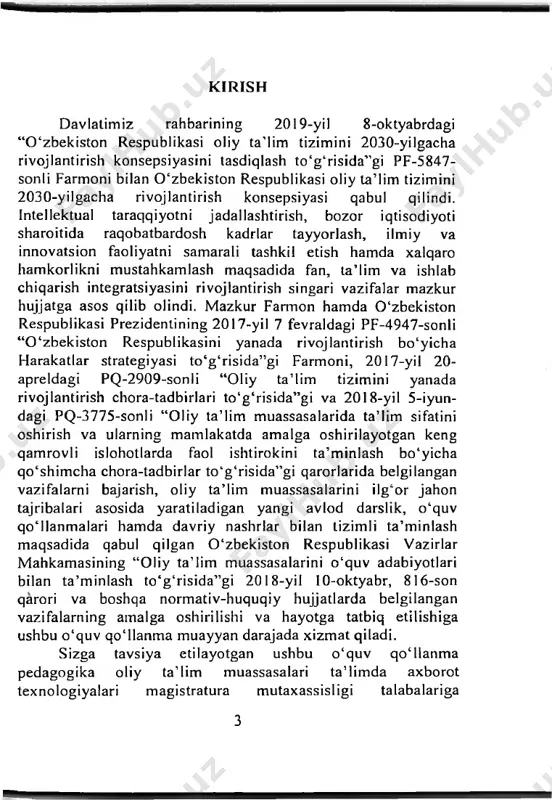 shqdir. mashq- o‘rganilgan bilimlarni turli o‘quv sharoitlariga tatbiq etish yo‘lidir. mashq vositasida turli malakalar — intellektual va aqliy, illyustratsiya, amaliyotni 101 xususiy (masalan, matematika bo‘yicha) va umumiy (masalan, barcha o‘quv fanlariga oid) malakalar tarkib toptiriladi. o‘qitish metodlari. o4qitish metodi (grckcha metodos — biror narsaga yo‘l so‘zidan) — bu ta’lim va tarbiya vositasi sifatidagi o‘qitish maqsadlariga erishishga yo‘naltirilgan o‘qituvchi va o‘quvchining bir-biri bilan bogmangan faoliyatining tartiblangan metodlaridir. o‘qitish metodlari muammosini qisqacha “qanday o‘qitish kerak?” degan savol yordamida ifoda qilish mumkin. lekin shuni e’tirof etish lozimki, ushbu savolga javob olish uchun “nima uchun o‘qitish kerak?” “nimalarni o‘qitish kerak?” va “kimlarni o‘qitish kerak?” kabi savollar bo‘yicha yetarlicha axborotga ega bo‘lish kerak. ana shundagina o‘qitish maqsadi va mazmuniga, o‘quvchilarning fikrlash faoliyati darajasiga to‘liq javob bera oladigan o‘qitish metodlarini tanlash masalasi hal etilishi mumkin. o‘qitishning maqsad va vazifalari o‘qitish metodini yagona ravishda aniqlamaydi. ma’lum bir mazmun bir necha metod bilan o‘rganilishi mumkin. bunda albatta har …
