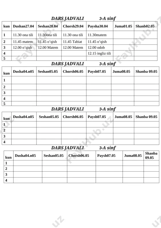 ik ko’chasi.ahillik ko’chasi 11.45 25.04.20 189-190 23 oq tumshuq jasorati.h.murodov-1 12.00 27.04.20 190-192 24 oq tumshuq jasorati.h.murodov 11.45 28.04.20 192-193 25 vatan haqida qo’shiq u hamdam 11.45 30.04.20 194-195 26 27 28 29 30 31 32 33 34 tasdiqlayman; maktab direktori ; o.mutavaliyev namangan viloyati yangiqo’rg’on tumani 21- maktab 3-’’a’’ sinf matematika fanidan onlayn dars ish rejasi t/n onlayn mavzular soat sana uy vazifa 1 bir xil maxrajli kasrlarni qo’shish. 1-7-misol, masala. 12.00 30.03.20 154-155 2 bir xil maxrajli kasrlarni qo’shish. 1-7-misol, masala. 12.15 31.03.20 155-156 3 bir xil maxrajli kasrlarni ayirish 1-5-misol, masala. 12.15 01.04.20 156-157 4 bir xil maxrajli kasrlarni ayirish 1-5-misol, masala. 13.00 02.04.20 158-159 5 yuz o‘lchov birliklari 13.00 03.04.20 159-160 6 yuz o‘lchov birliklari mustah1-4 m 12.30 06.04.20 161-bet 7 yuzalarni taqqoslash1-8 mm 12.15 07.04.20 162-163 8 vaqt o’lchov birliklari1-8 mm 12.30 08.04.20 163-164 9 vaqt o’lchov birliklari orasidagi munosaba t 1-9 mm 13.00 09.04.20 …