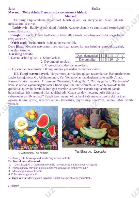 mlar asarlarining reproduktsiyalari, slaydlar, rasmlar. dars elementlari i ii iii iv v davomiyligi 3 5 20 10 7 darsning borishi: i. darsni tashkil qilish. 1. salomlashish. 2. davomatni aniqlash. 3. o’quvchilarni darsga tayyorlash. ii. uy vazifani tekshirish: oldingi mavzu yuzasidan rasmni tekshirish. iii. yangi mavzu bayoni. natyurmort haaqida tushuncha beriladi, rassomlaming asarlari yordamida suhbat uyushtiriladi.natyurmort ("jonsiz tabiat") so'zining ma'nosi bolalar yodiga tushiriladi.natyurmortda insoniyat hayoitida ishlatiladigan meva va sabzavotlar,gullar, turmushda qo'llaniladigan turli asbob-uskunalardan foydalanilishiham qayd qilinadi. natyurmort janrida ijod qilgan rassomlardan rahimahmedov, laylo salimjonova, g'. abdiraxmonov, yu. yelizarovlar haqidaqisqacha to'xtalib o'tiladi. rassom viktor ivanovich ufimsevni "nastarin","dala gullari", "moviy gullar", "baqlajonlar" kabi ishlaridan ayrimlarigabolalar e'tibori qaratilib, ular o'quvchilar bilan birgalikda tahlil qilinadi.o'qituvchi darslikda berilgan rasmlar va savollar asosida o'quvchilami darsda bajariladigan ish mazmuni bilan tanishtiradi. kuzda qanday mevalar, poliz ekinlari va sabzovotlar pishib yetiladf? kuzda anor, uzum, olma, behi kabi mevalar, poliz ekinlaridan -qovun, tarvuz, qovoq, sabzovotlardan - kartoshka, piyoz, turp, sholg'om, …