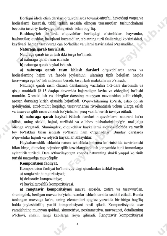 va chizgilar darsning muayyan mavzusidan kelib chiqib, asosan darsning kirish qismida bajariladi. o‘quvchilarning ko‘rish, eslab qolish qobiliyatini, atrof-muhit haqidagi tasavvurlarini rivojlantirish uchun ularga eslab va tasavvur qilib rasm chizish bo‘yicha ko‘proq vazifa berish tavsiya etiladi. b) naturaga qarab haykal ishlash darslari o‘quvchilarni naturani ko‘ra bilish, uning shakli, hajmi, tuzilishi va o‘lchov nisbatlarini to‘g‘ri mol‘jalga olishga o‘rgatadi. shuningdek, o‘quvchilar haykallarni alohida-alohida va yaxlit loy bo‘laklari bilan ishlash yo‘llarini ham o‘rganadilar. bunday darslarda o‘quvchilar hajmli va relyefli haykallar ishlaydilar. haykaltaroshlik ishlarida natura tekislikda bo‘rtma ko‘rinishida tasvirlanishi bilan birga, dumaloq hajmdor qilib tasvirlanganda ish jarayonida turli tomonlarga aylantirib turiladi. dars o‘tkazilayotgan xonada naturaning shakli yaqqol ko‘rinib turishi maqsadga muvofiqdir. kompozitsion faoliyat. kompozitsion faoliyat bo‘limi quyidagi qismlardan tashkil topadi: a) rangtasvir kompozitsiyasi; b) dekorativ kompozitsiya; v) haykaltaroshlik kompozitsiyasi. a) rangtasvir kompozitsiyasi mavzu asosida, xotira va tasavvurdan, shuningdek, berilgan mavzu bo‘yicha rasmlar ishlash tarzida tashkil etiladi. bunda tanlangan mavzuga ko‘ra, uning elementlari qog‘oz yuzasida bir-biriga …
