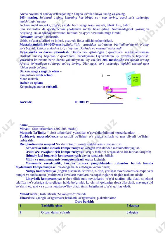 ’z turkumlariga doir mashlar”: yuzasidan savol-javob o`tkaziladi. yangi mavzu bayoni: 204-205 -mashq. bajarilishi yuzasidan ko`rsatma beraman. doskada va mustaqil bajaradilar. 204-mashq. o‘qing. matnda ajratilgan so'zlar maz- muniga ko‘ra nimani bildirib kelyapti? ularni namunadagidek guruhlarga ajrating. 1-yanvar bayram sifatida keng nishonlanadi. shu kuni hamma bir-birini yangi yil bilan tabrik- laydi. yangi yilda idora-korxonalarda, gavjum maydon- larda va uylarda archa bezatiladi. bolalar archa atrofida qoshiq kuylaydilar. qadrdon qorbobo archa bayramiga kelganlarga sovg‘a ulashadi. namuna: shaxs-narsalarni bildirgan so'zlar: ... shaxs-narsa belgisini bildirgan so‘zlar: ... shaxs-narsa harakatini bildirgan so'zlar: ... archa bayramini qanday o‘tkazganingiz haqida kichik hikoya tuzing va yozing. 205- mashq. so‘zlarni o‘qing. ularning har biriga so‘- roq bering, qaysi so‘z turkumiga tegishliligini ayting. ixcham, mahkam, erka, to‘g‘ri, yaxshi, ho‘l, yangi, tekis, mayda, tabrik, kuy, baho. shu so'zlardan -la qo‘shimchasi yordamida so'zlar hosil qiling. namunadagidek yozing va belgilang. bular qanday mazmunni bildiradi va qaysi so‘z turkumiga kiradi? namuna: ixcham - ixchamla. ushbu so`zlar …