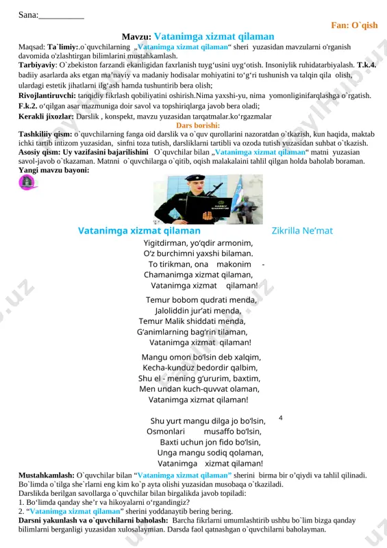 ning boshqa a’zolarining fikrlarini tinglay olish ko’nikmalarini hosil qilish. f.k.2. o‘qilgan asar mazmuniga doir savol va topshiriqlarga javob bera oladi; kerakli jixozlar: darslik , konspekt, mavzu yuzasidan tarqatmalar. dars borishi: tashkiliiy qism: o`quvchilarning fanga oid darslik va o`quv qurollarini nazoratdan o`tkazish, kun haqida, maktab ichki tartib intizom yuzasidan, sinfni toza tutish, darsliklarni tartibli va ozoda tutish yuzasidan suhbat o`tkazish. asosiy qism: uy vazifasini bajarilishini nazoratdan o`tkazish: o`quvchilar bilan „balli buva. yusuf fayzullo“ matni yuzasian avol-javob o`tkazaman. matnni o`quvchilarga o`qitib, oqish malakalaini tahlil qilgan holda baholab boraman. yangi mavzu bayoni: [image: c:\users\acer\appdata\local\temp\finereader11.00\media\image23.jpeg] balli buva yusuf fayzullo (hikoya) ko‘chamiz muyulishida yashaydigan otaxonni hammamiz yaxshi ko‘rardik. maktabga borish- dayam, qaytishdayam ko‘cha eshigi yonida o‘tirgan boboga odob bilan salom berardik. u kishi bizni „balli, bolalarim“, deya olqishlardi. eng qizig‘i, u kishining asl ismlarini birortamiz bilmasdik, „balli buva“ derdik. goho katta yoshlilar „polvon ota“ deya murojaat qilishganini eshitib, hayron qolardim: jussasi kichkinagina bu odamning nimasi …
