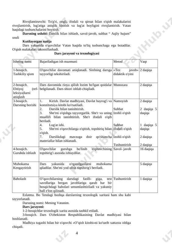 bo'lgan qoidalar belgilanadi. dars shiori ishlab chiqiladi. muno​zara 2 daqiqa 3-bosqich. darsning borishi 1. kirish. davlat madhiyasi, davlat bayrog'i va konstitutsiya kitobi ko'rsatiladi. 2. darslik bilan tanishtirish. 3. she'rni o'qishga tayyorgarlik. she'r va uning muallifi bilan tanishtirish. she'r ifodali o'qib beriladi. 4. lug'at ishi. 5. she'rni o'quvchilarga o'qitish, topshiriq bilan o'qish. 7. darslikdagi mavzuga doir qo'shimcha materiallar bilan ishlanadi. namoyish suhbat izohli o'qish suhbat ifodali o'qish izohli o'qish tushuntirish 2 daqiqa 2 daqiqa 5 daqiqa 1 daqiqa 5 daqiqa 2 daqiqa 2 daqiqa 4-bosqich. guruhda ishlash o'quvchilar guruhga bo'linib o'qituvchining topshirig'i asosida ishlaydilar. savol- javob 16 daqiqa muhokama kengaytirish dars yakunida o'rganilganlarni muhokama qiladilar. she'mi yod olish topshirig'i beriladi. 5 daqiqa baholash o’quvchilarning darsdagi faolli- giga, test savollariga bergan javoblariga qarab har bir bosqichdagi baholari umumlashtiriladi va yakuniy ball e'lon qilinadi. tushuntirish 1 daqiqa eslatma. bo 'limdagi boshqa darslarning texnologik xaritasi ham shu kabi tayyorlanadi. darsning nomi: mening vatanim. dars …