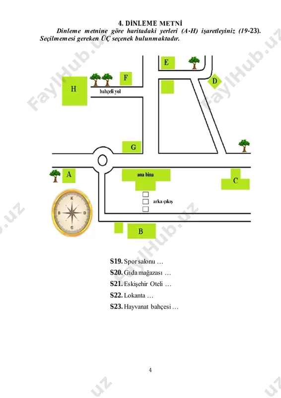 ilir? a) kötü tatil deneyimi yaşamak b) i̇yi ders çıkarmak c) planları daha düzgün yapmak 6 6. di̇nleme metni̇ sorular 30-35. dinleme metnine göre doğru seçeneği (a, b ya da c) işaretleyiniz. s30. dil gelişimi … a) doğuştan gelen bir yetiye sahiptir. b) insanların bebeklik döneminde kazanan kurallar bütünüdür. c) çocukluğun ilk sekiz yılında neredeyse tamamlanır. s31. dinlediğiniz metinden aşağıdaki yargılardan hangisi çıkarılamaz? a) çevresel koşullar da dil gelişimi üzerinde etkilidir. b) olayları jest ve mimik olarak çocuğa açıklamak da dil gelişiminde etkilidir. c) dil zamanla kazanılan bir kurallar bütünüdür. s32. aşağıdakilerden hangisi çocuğun dil gelişimini destekler? a) çocuğa anlık durum ve olaylarla ilgili açıklama yapmak b) çocuğa kendi sözcüklerini uydurması için destek olmak c) çocukla konuşurken uzun ve kompleks cümleler kullanmak s33. çocukla kurulan iletişimde onun uydurduğu sözcükler … a) tercih edilmelidir. b) dil gelişiminin en önemli şartıdır. c) tekrar edilmemelidir. s34. çocuğun isteğini işaretle anlatma davranışı … a) …
