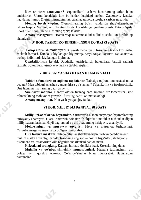 fanlarining rejalashtirish (3-sinf) t t/r bo‘lim va boblar j a m i s o a t l a r t a q s i m o t i jami soatlar naza- riy mash g‘ulot amaliy mash- g‘ulot tak- rorlash nazo- rat ishi 3-sinf odobnoma 1 1 vatan muqaddas 5 4 1 2 2 odob-axloq xazinasi 7 5 1 1 3 3 mehnat - insonni ulug‘laydi 6 4 1 1 4 4 tashqi ko‘rinish-inson ko‘rki 3 2 1 5 5 biz yashayotgan olam 5 3 1 1 6 6 milliy madaniyat 8 6 1 1 jami 34 24 4 2 4