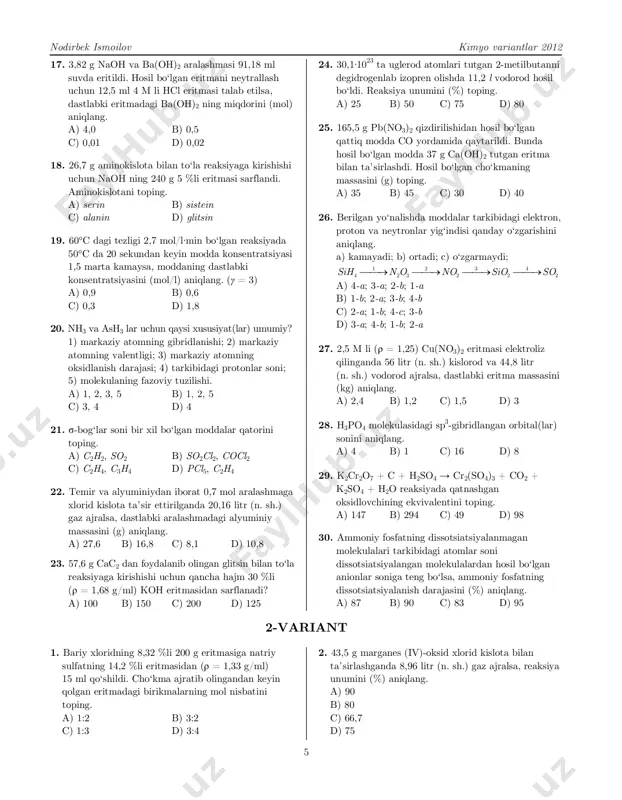 bital(lar) sonini aniqlang. a) 4 b) 1 c) 16 d) 8 29. k2cr2o7 + c + h2so4 → cr2(so4)3 + co2 + k2so4 + h2o reaksiyada qatnashgan oksidlovchining ekvivalentini toping. a) 147 b) 294 c) 49 d) 98 30. ammoniy fosfatning dissotsiatsiyalanmagan molekulalari tarkibidagi atomlar soni dissotsiatsiyalangan molekulalardan hosil bo‘lgan anionlar soniga teng bo‘lsa, ammoniy fosfatning dissotsiatsiyalanish darajasini (%) aniqlang. a) 87 b) 90 c) 83 d) 95 2-variant 1. bariy xloridning 8,32 %li 200 g eritmasiga natriy sulfatning 14,2 %li eritmasidan (ρ = 1,33 g/ml) 15 ml qo‘shildi. cho‘kma ajratib olingandan keyin qolgan eritmadagi birikmalarning mol nisbatini toping. a) 1:2 b) 3:2 c) 1:3 d) 3:4 2. 43,5 g marganes (iv)-oksid xlorid kislota bilan ta’sirlashganda 8,96 litr (n. sh.) gaz ajralsa, reaksiya unumini (%) aniqlang. a) 90 b) 80 c) 66,7 d) 75 kimyo variantlar 2016-yil nodirbek ismoilov 92 kimyo variantlar 2016 5-variant 1. xromning ii valentli galogenli birimasi …