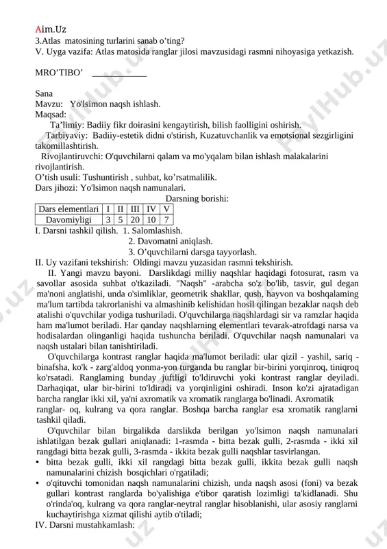 isolida suhbat uyushtiriladi. suhbat jarayoinida darslikda berilgan savollardan foydalanish lozim. rang - biror narsa, predmetning xususiyati bo'lib, inson uni ko'zi bilan ko'rib, aqli bilan idrok etadi. sizga ma'lumki rassomchilikda uchta asosiy rang bo'lib, ular - qizil, sariq, ko'k. bu ranglar aralashmasidan boshqa ranglarni hosil qilish mumkin. ular - yashil, zarg'aldoq, binafsha. hosil bo'lgan oltita rangni yana o'zaro aralashtirib yana boshqa ranglar hosil qilinadi. ranglarni aralashtirishning asosiy qoidasi rang halqasidir.unga ko'ra ranglar hosil qilishning ikki usuli bor. birinchisi ikki rangni aralashtirib yangi rang yaratish bo'lsa, ikkinchisi bir rangga suv qo'shish orqali yangi rang olishdir. misol uchun, ko'k (zangori) va qizil ranglarni o'zaro aralashtirsak aniq tusga ega, toza binafsha rang hosil bo'ladi. biron bo'yoq tarkibiga suvni oz yoki ko'proq qo'shish orqali uning tuslari hosil qilinishi, bunda ranglarning to'qdan och ko'rinishigacha bo'lgan bir talay tuslari hosil bo'lishi ham o'rgatiladi. a) nazariy ma'lumot: · "ranglar halqasi" haqida ma'lumot beriladi; · ranglar hosil qilish qoidalari …