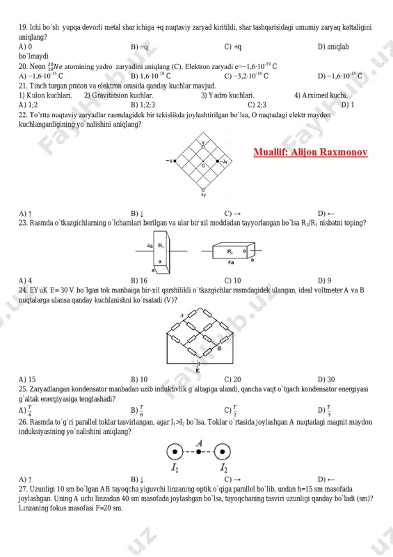 alanib uning t=26 s paytdagi tezlanishini toping(m/s 2 )? a) 5 b) -2,5 c) 3 d) -1,5 2. m1=200 g va m2=300 g massali jismlar silliq gorizontal sirtda ip yordamida bir-biriga biriktirilgan. agar ikkinchi jismga 2n kuch gorizontga nisbatan 60 0 burchak ostida ta`sir etsa ipdagi taranglik kuchini qiymatini toping (n)? a) 0,6 b) 1 c) 0 d) 0,4 3. 20 m/s tezlik bilan harakatlanib kelayotgan vagon prujinali to`siqqa urilib to`xtaydi. agar prujina 12 sm ga siqilgan bo`lsa, vagonning to`xtash vaqtini toping (ms)? π=3 deb oling. a) 18 b) 6 c) 12 d) 9 4. chana balandligi h, asosi 15 m bo`lgan tepalikdan tushdi va tepalik asosidan 35 m gorizontal yo`l bosib o`tib to`xtadi. ishqalanish koeffitsiyenti yo`l davomida bir xil µ=0,4 deb hisoblab, chana tushgan h balandlikni toping(m). a) 20 b) 30 c) 40 d) 15 5. liftga osilgan matematik mayatnikning tebranish davri 3 marta ortishi uchun lift qanday tezlanish …
