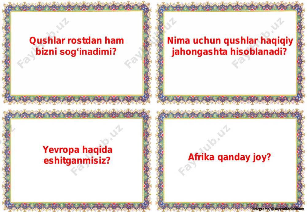 iddinov ayting-chi, hunarning hidi bo‘lishi mumkinmi? sizningcha, yana qaysi hunardan qanday hid kelishi mumkin? otangizning kasbi nima? u qayerda ishlaydi? onangiznig kasbi nima? u qayerda ishlaydi? telegram//@sayyodfazliddinov shifokorni yana qanday ataymiz? tanlanmay qolgan rasmlarda qanday kasb egalari aks etgan? shifokor qabuliga quruvchidan keyin kim keldi? nima uchun shifokorlar og‘zimizni ochib, tilimizni chiqarishimizni so‘raydi? telegram//@sayyodfazliddinov mahallada doktor bo‘lishining nimasi yaxshi? politsiyachi ukol olganda og‘riqni sezdimi? ukol qilsa og‘rimasligining sababi nima ekan? o‘qituvchi nega hozirgi o‘quvchilarini ancha sergak demoqda? telegram//@sayyodfazliddinov “ko‘zlari katta-katta bo‘lib” deganda qanday holat tushuniladi? nega o‘quvchi: “vazifani tayyorlab kelmaganmidingiz, ustoz?” – deb savol berdi? o‘qituvchi nega “2” baho olgan edi? o‘qituvchi nega “2” bahoni yirtib tashlamagan? telegram//@sayyodfazliddinov yorqinoyni doim qanday savollar qiynagan? yorqinoyning otasi uning kim bo‘lishini istagan edi? yorqinoy ustozlaridan nimalarni o‘rgandi? nega o‘qituvchilikni dangasalik deb atadi? slayd 1 slayd 2 slayd 3 slayd 4 slayd 5 slayd 6 slayd 7 slayd 8 slayd 9 slayd 10 slayd …