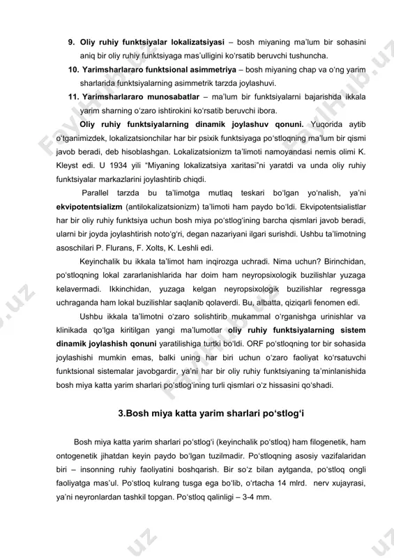 psixologik simptom – aniq bir psixologik funktsiyaga javob beruvchi markazning bevosita zararlanishi sababli yuzaga kelgan simptom. 4. ikkilamchi neyropsixologik simptom – birlamchi neyropsixologik simptom paydo bo‘lganligi sababli yuzaga kelgan boshqa oliy ruhiy funktsiyaning buzilishi. 5. neyropsixologik sindrom – kelib chiqish mexanizmi bir-biriga bog‘liq bo‘lgan bir nechta neyropsixologik simptomlar yig‘indisi. 6. neyropsixologik faktor – neyropsixologik sindromni yuzaga keltiruvchi etiologik omil. 7. sindrom analizi (faktor analizi) – morfofunktsional tuzilmalar zararlanishi sababli yuzaga kelgan neyropsixologik buzilishlarni aniqlash usuli. 8. neyropsixologik tashxis – bosh miyaning lokal va diffuz zararlanishlarida topik tashxisni aniqlash maqsadida o‘tkaziladigan neyropsixologik tekshiruvlar natijasida olingan xulosa. 9. oliy ruhiy funktsiyalar lokalizatsiyasi – bosh miyaning ma’lum bir sohasini aniq bir oliy ruhiy funktsiyaga mas’ulligini ko‘rsatib beruvchi tushuncha. 10. yarimsharlararo funktsional asimmetriya – bosh miyaning chap va o‘ng yarim sharlarida funktsiyalarning asimmetrik tarzda joylashuvi. 11. yarimsharlararo munosabatlar – ma’lum bir funktsiyalarni bajarishda ikkala yarim sharning o‘zaro ishtirokini ko‘rsatib beruvchi ibora. oliy ruhiy funktsiyalarning …